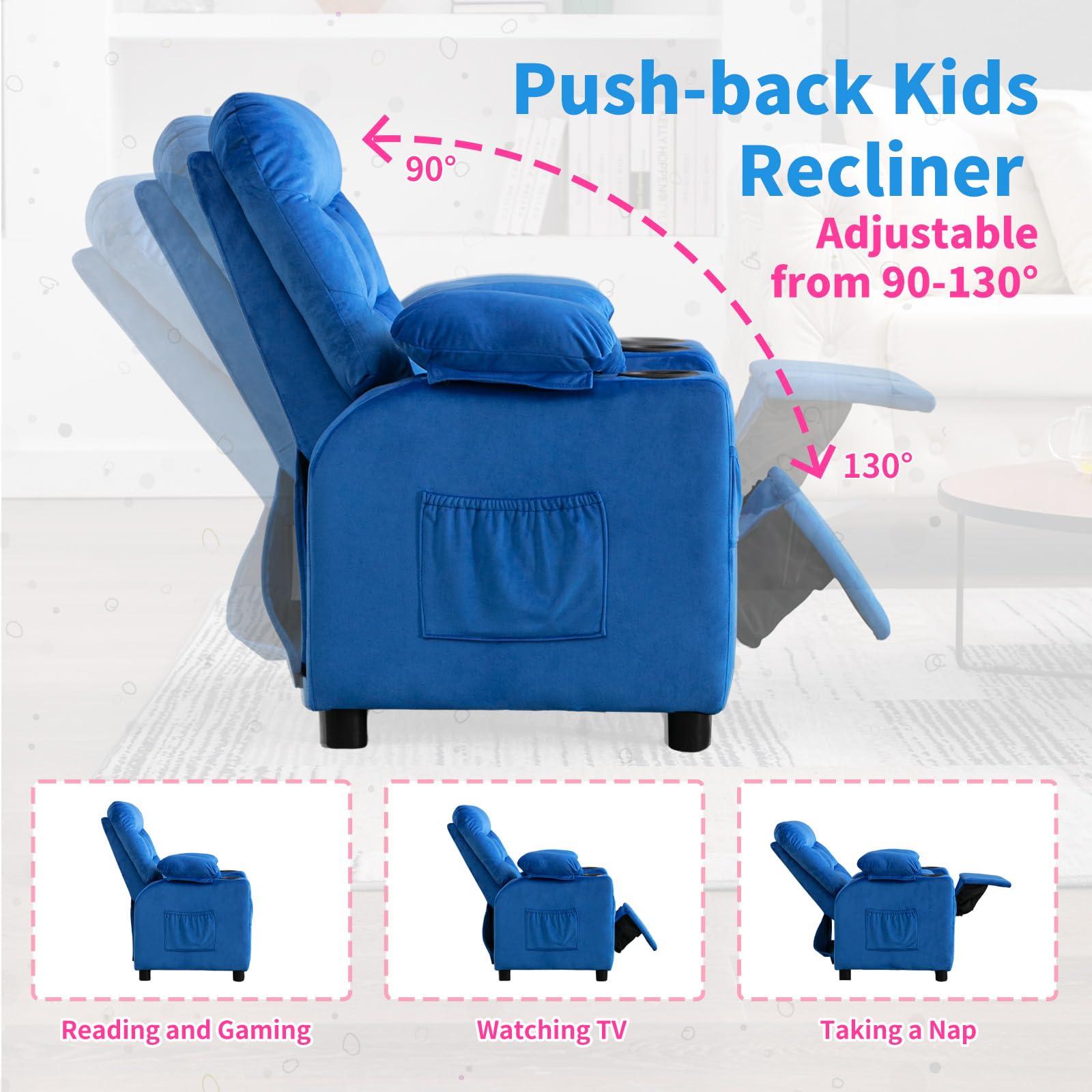 **Kids Recliner Chair with Cup Holder - Adjustable Velvet Lounge Chair with Footrest & Side Pockets - Ergonomic Toddler Sofa for Boys & Girls Bedroom (Navy) - Perfect for Reading, Gaming & Relaxing**
