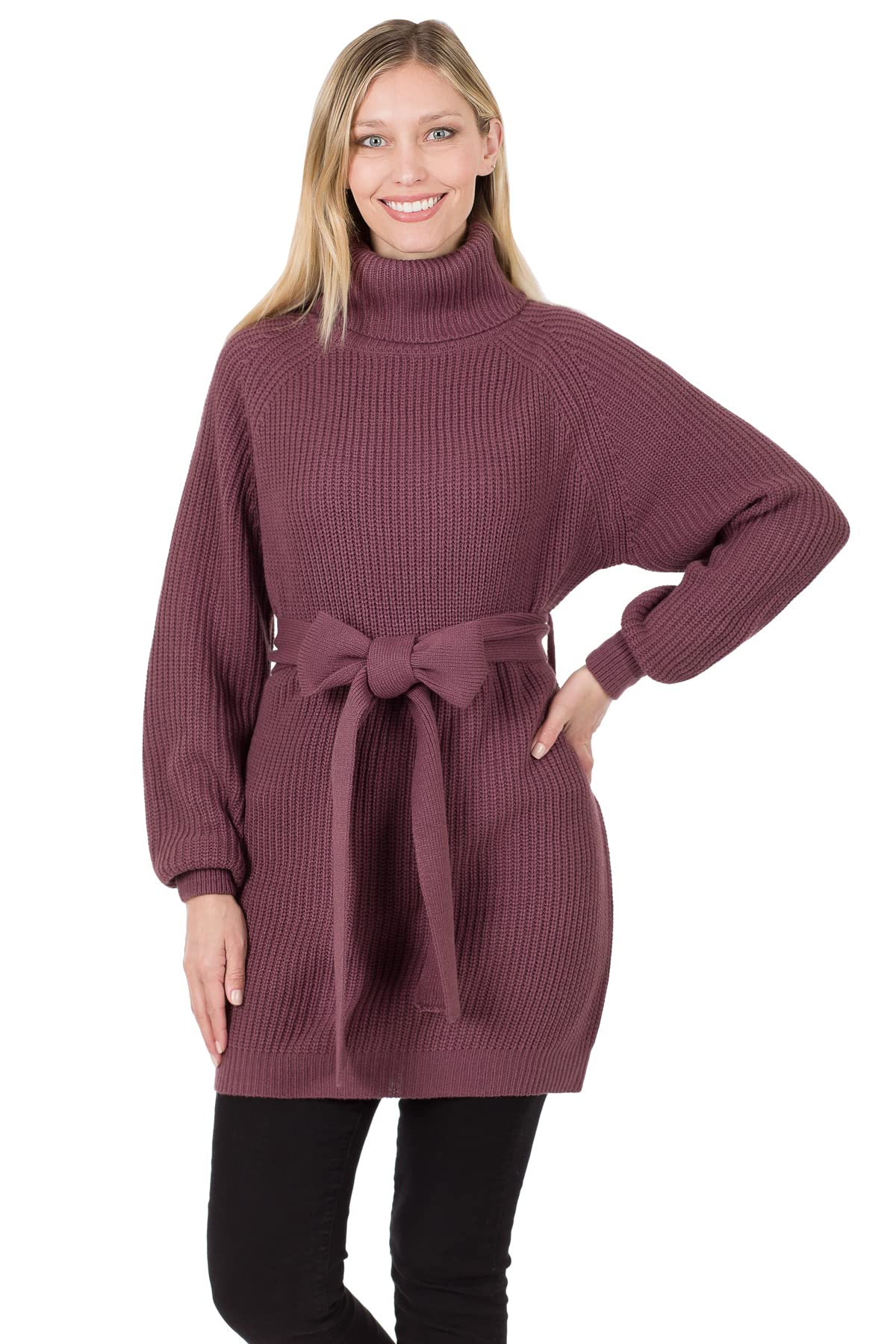 Sportoli Women's Turtleneck Long Sleeve Knit Sweater Dress with Belt - Casual Pullover Jumper in Eggplant Purple (Size Large) | Perfect for Office Wear, Winter Outfits & Holiday Parties