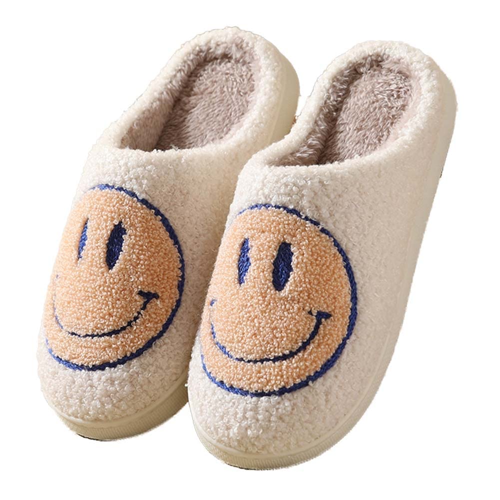 Retro Smiley Face Slippers for Women & Men - Soft Plush Comfy House Slides with Cushion Support - Fluffy Preppy Indoor/Outdoor Slippers for Home, Dorm, Spa & Lounge Wear