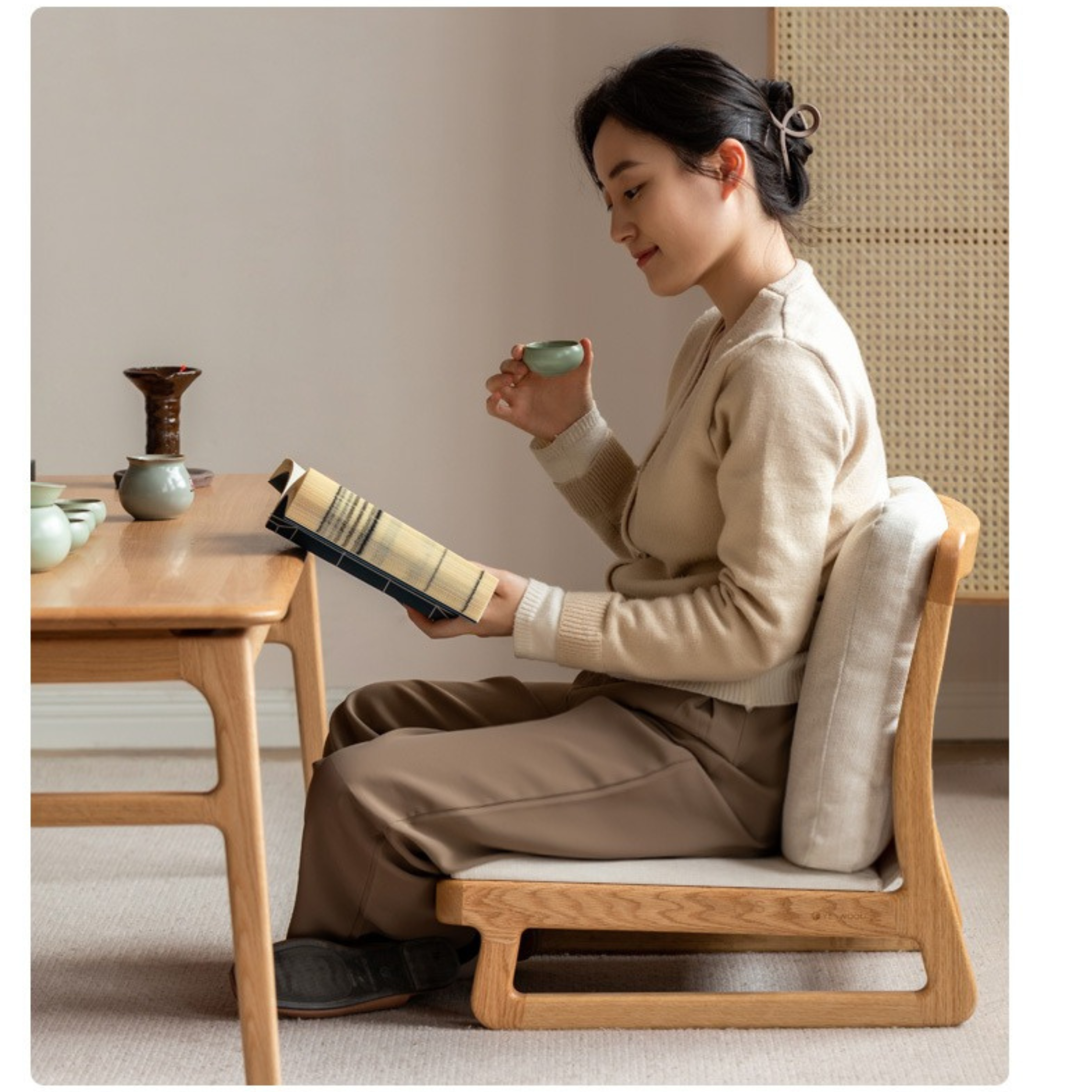 Oak Solid Wood Tatami Tea Chair Low Back - Japanese Style Floor Seating for Meditation, Tea Ceremony & Zen Decor