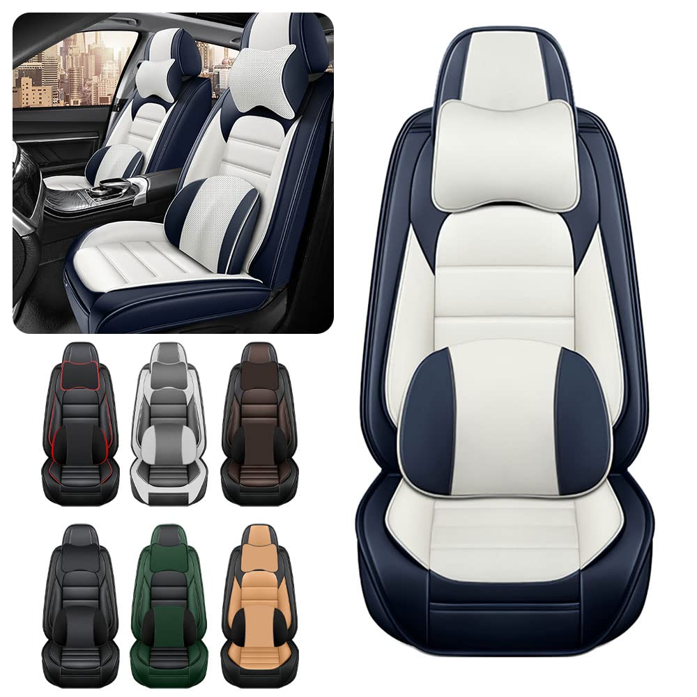 Premium Waterproof PU Leather Car Seat Covers for Volkswagen Atlas Cross Sport 2020-2025 - Soft Breathable Seat Protectors with Storage Pockets & Comfort Pillows (Blue & White, Front Set) - Perfect for Road Trips, Daily Commutes & Family Protection