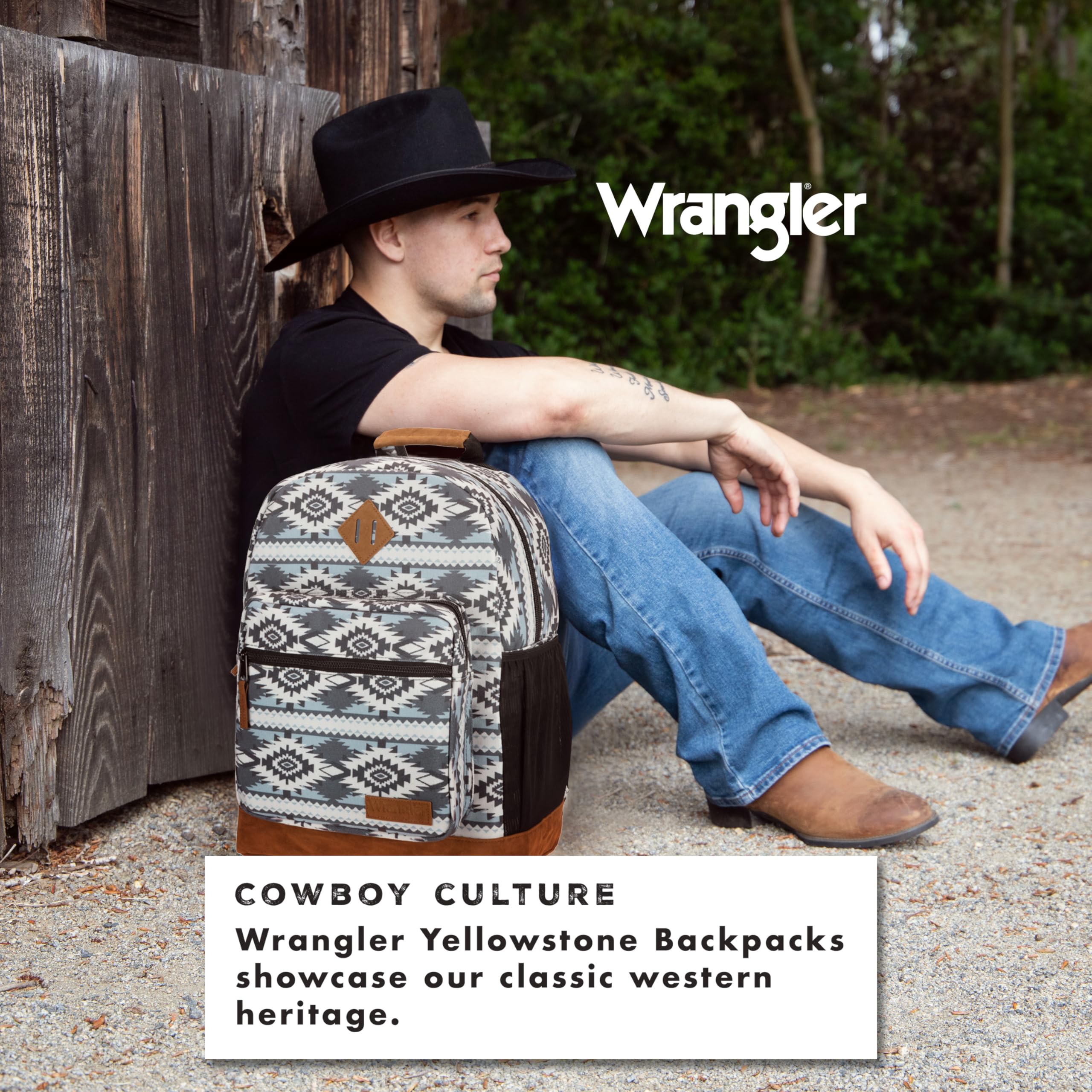 Wrangler Yellowstone Western-Style Backpack - Water Resistant Coated Canvas Daypack for Travel, School & Daily Use with Padded Laptop Sleeve (Checotah) | Perfect for College Students, Commuters & Outdoor Adventures