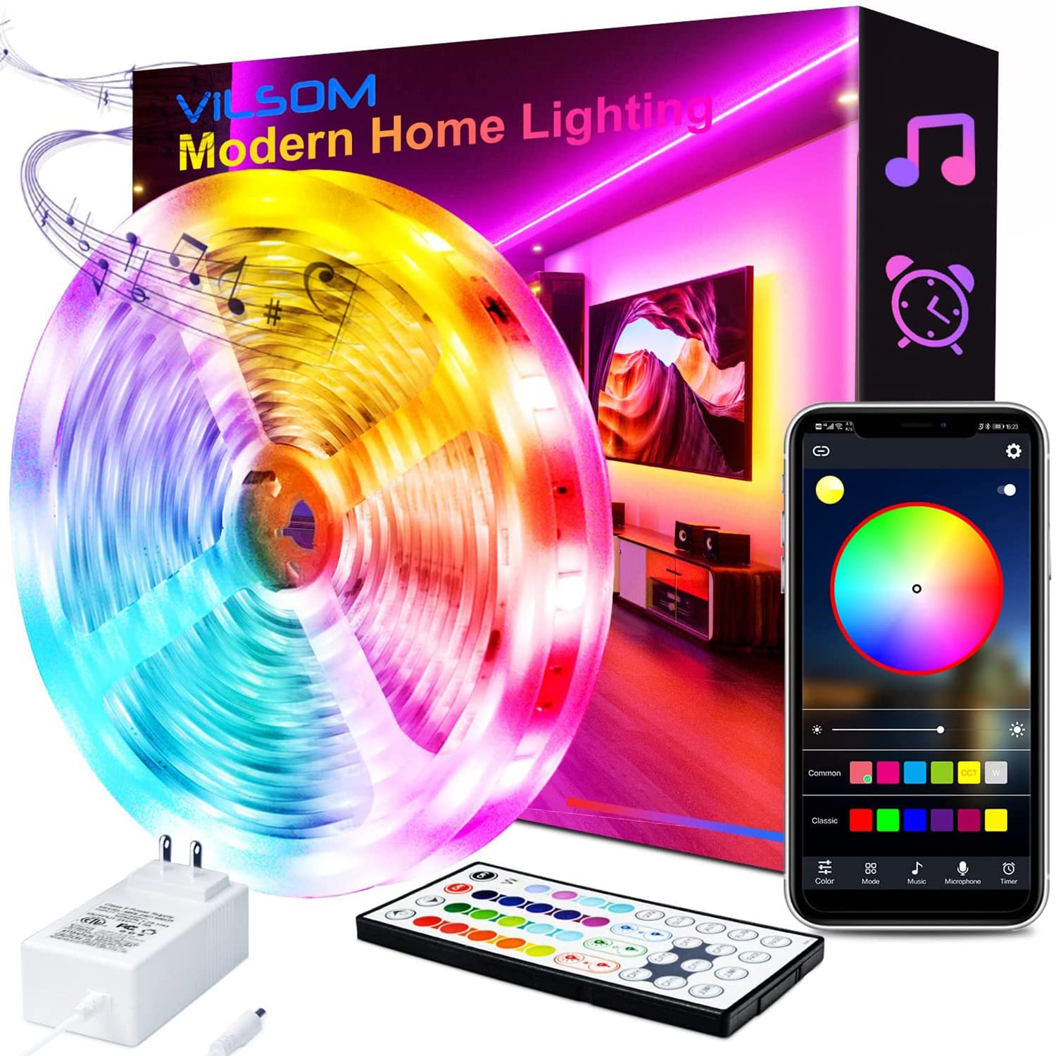 ViLSOM 50FT RGB LED Strip Lights with Bluetooth App & Remote - for Bedroom, Party Decor