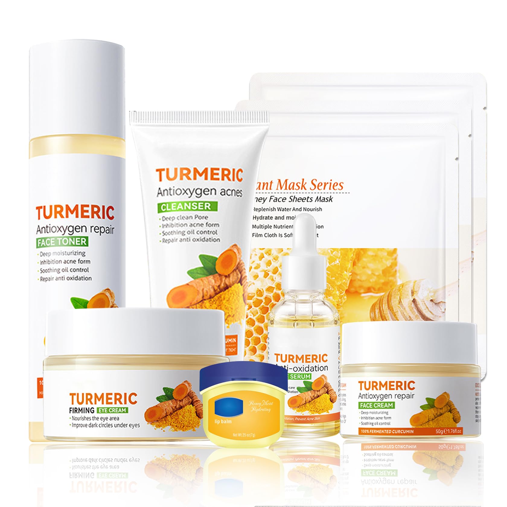 9-Piece Turmeric Skincare Set - Moisturizing Facial Cleanser, Toner, Serum, Face Cream, Eye Cream, Travel Lip Balm & 3 Sheet Masks | Brightening & Hydrating Routine for Glowing Skin | Perfect for Travel, Daily Care & Spa Nights
