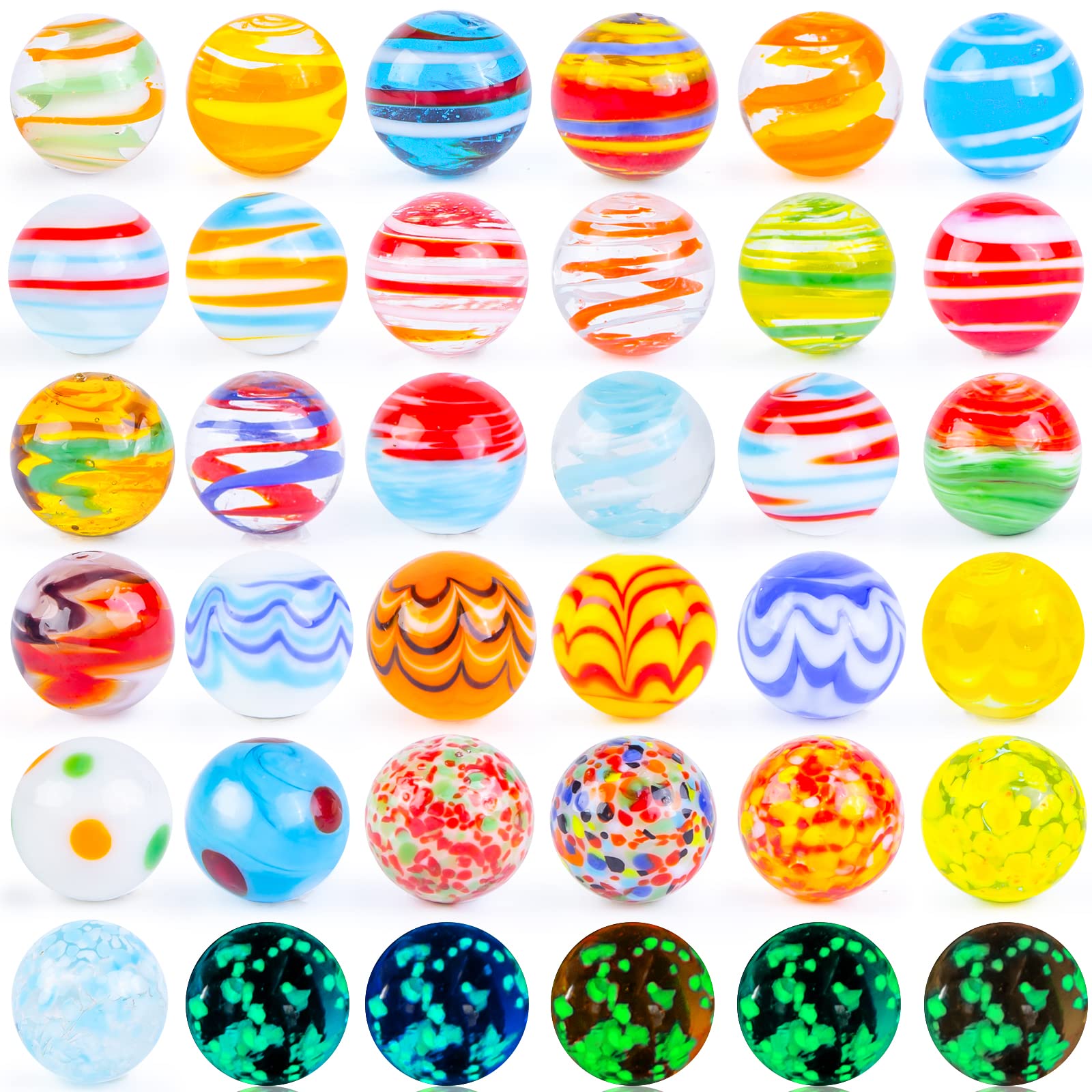 36PCS Colorful Glass Marbles Set for Kids with 5 Glow in The Dark Marbles - Fun Running Game Toys, Party Favors & Birthday Gifts for Boys and Girls - Perfect for Outdoor Play, Sensory Activities & Collection