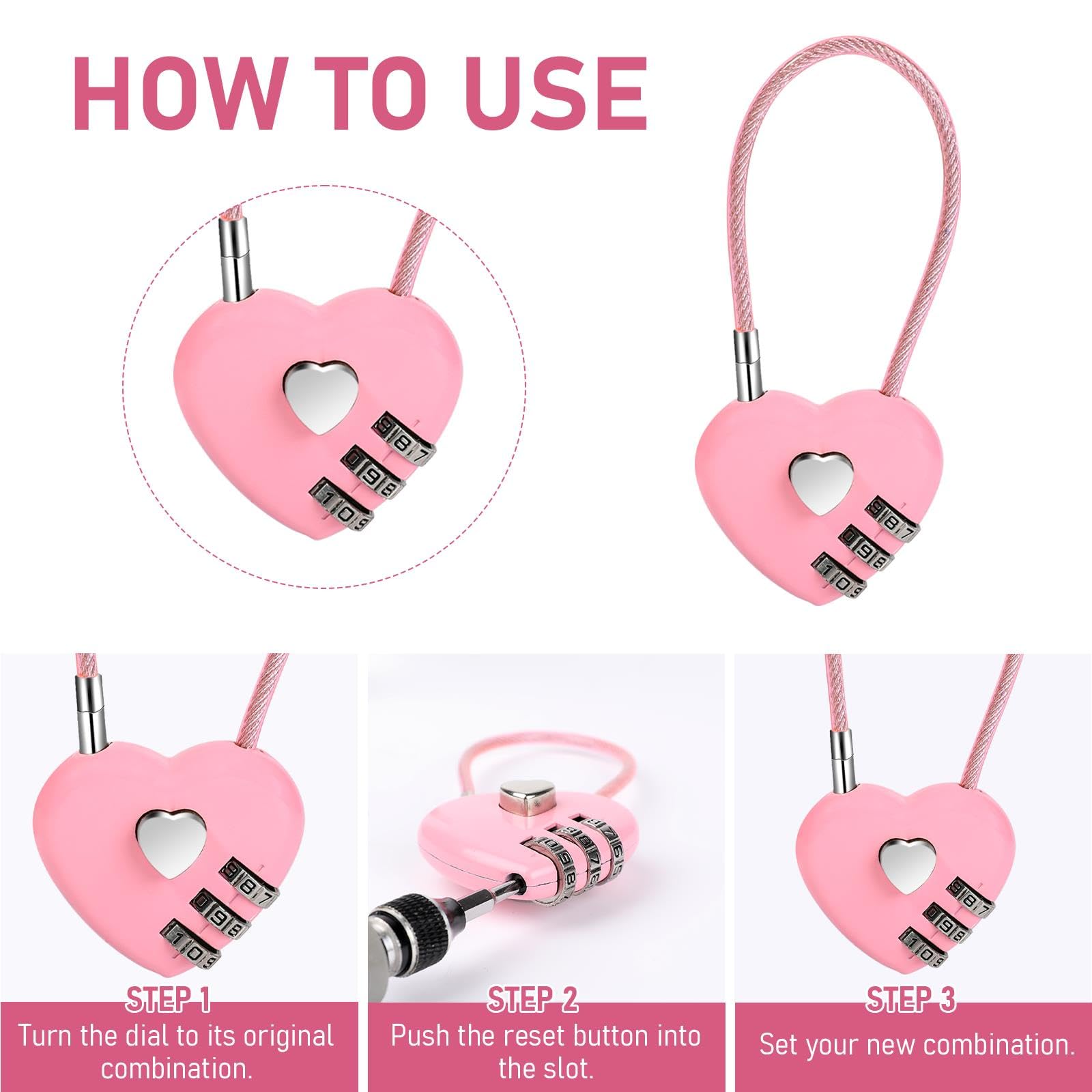 3-Pack Pink 3-Digit Combination Padlock - Mini Heart-Shaped Lock with 4.13