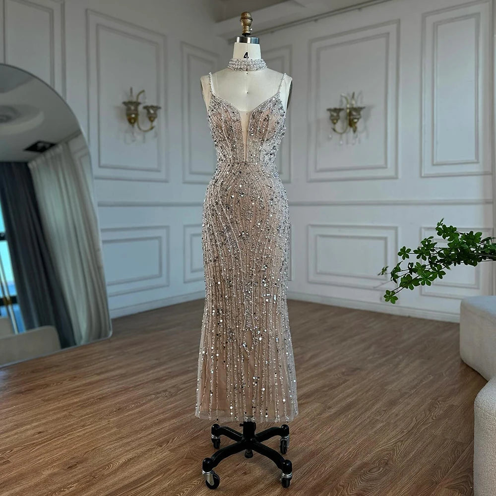 Elegant White Beaded Mermaid Evening Gown with Spaghetti Straps LA72047D - Perfect for Prom, Wedding Guest & Formal Events