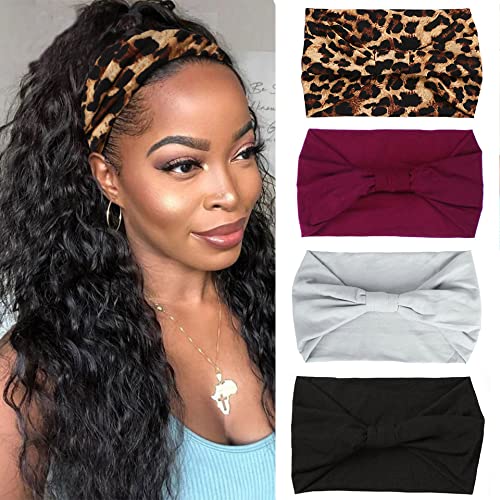 Xtrend 4 Pack Bohemian Style Wide Headbands - Non-Slip Elastic Knotted Headscarves for Women - Fashion Hair Accessories for Black Women - Perfect for Yoga, Sports & Outdoor Activities