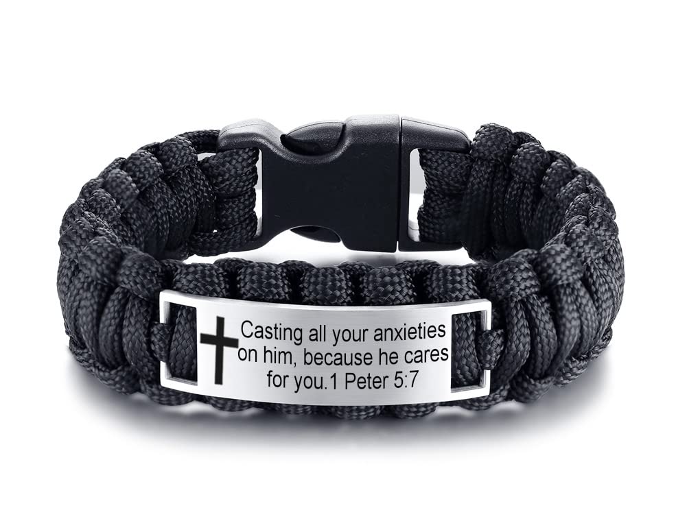 Christian Jewelry for Men & Women - Inspirational Cross Jesus Bible Verse Engraved Rope Bracelet (Brown/Black) - Perfect for Religious Gifts, Daily Wear & Faith Inspiration