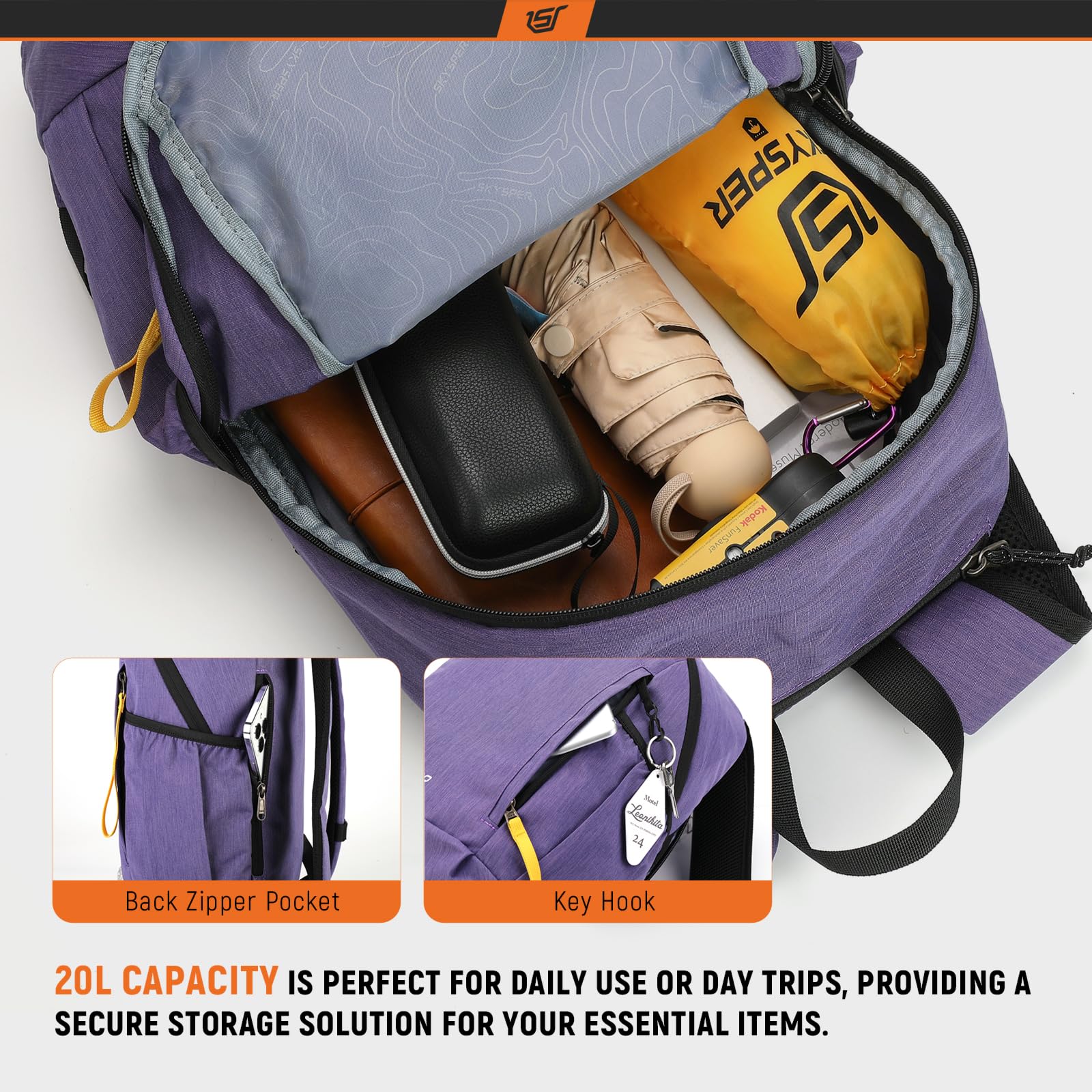 SKYSPER 20L Lightweight Hiking Backpack - Compact Travel Daypack for Women & Men, Water-Resistant Outdoor Backpack for Hiking, Camping, School & Daily Use (Purple)