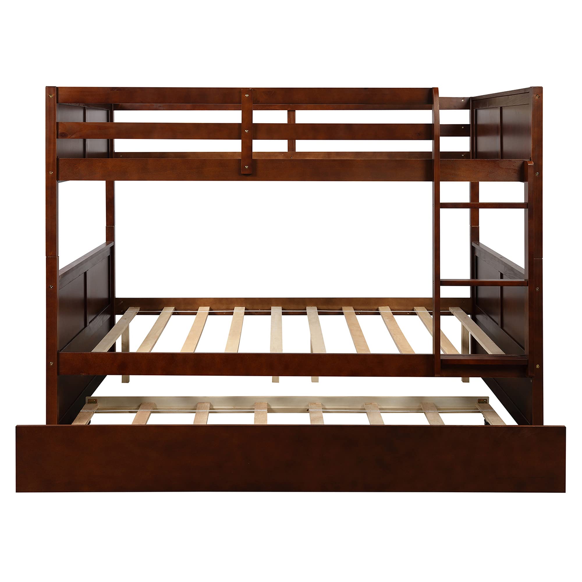 P PURLOVE Full Over Full Bunk Bed with Twin Trundle - Solid Wood Bunk Bed Frame with Safety Rail & Ladder - Space-Saving Bunk Beds for Teens & Kids - No Box Spring Needed (Walnut) - Perfect for Small Bedrooms, Guest Rooms & Vacation Homes