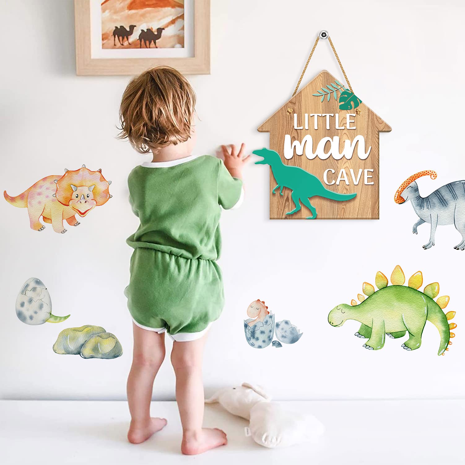 Dinosaur Room Decor for Boys - Hanging PVC Plastic Sign for Bedroom, Playroom & Nursery - Little Man Cave Theme - 11.8x11 Inch Kids Wall Art - Perfect for Birthday Gifts & Boys' Room Decoration