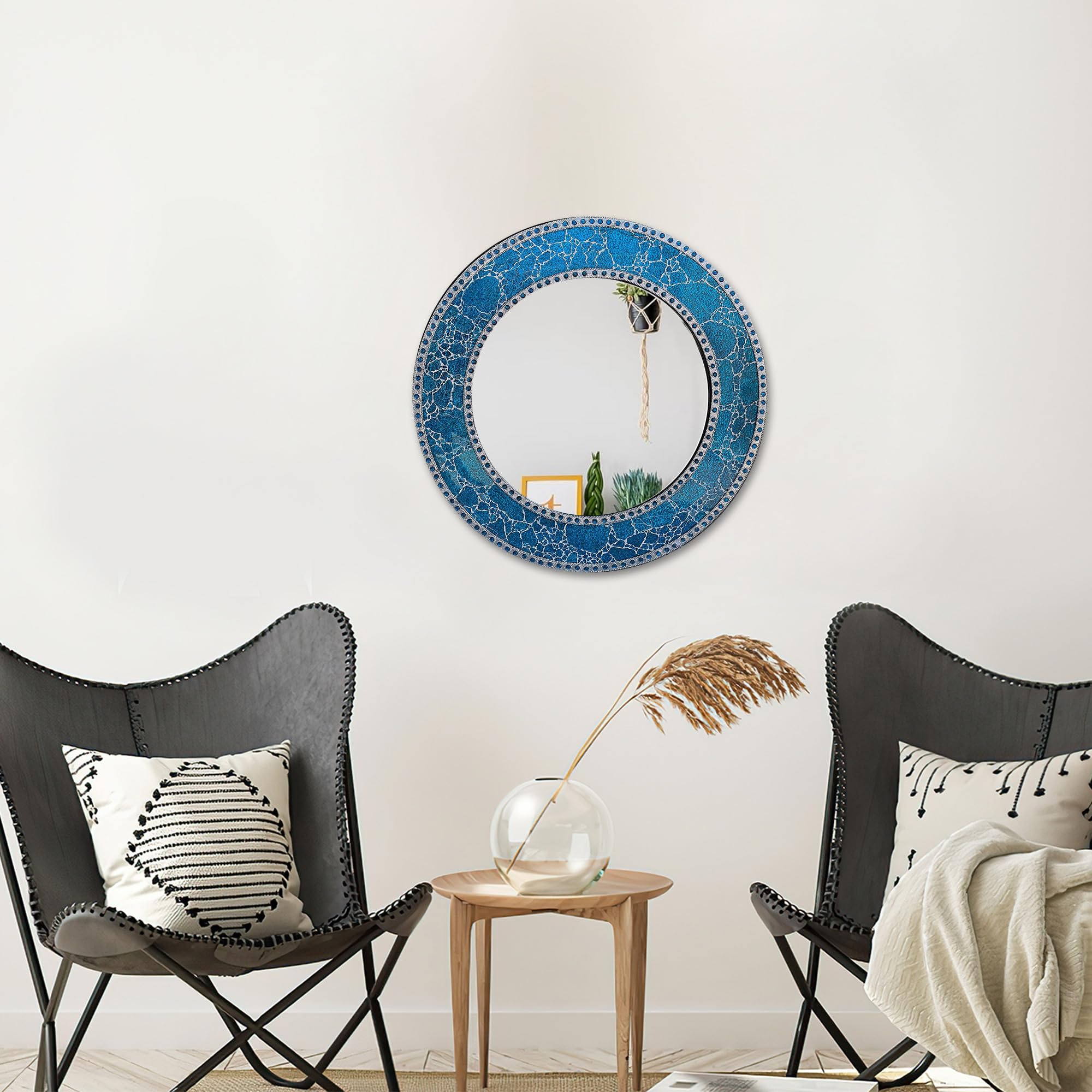 24-Inch Round Crackled Glass Mosaic Wall Mirror in Sapphire Blue - Decorative Bathroom Vanity Mirror, Bedroom Accent Mirror for Home Decor