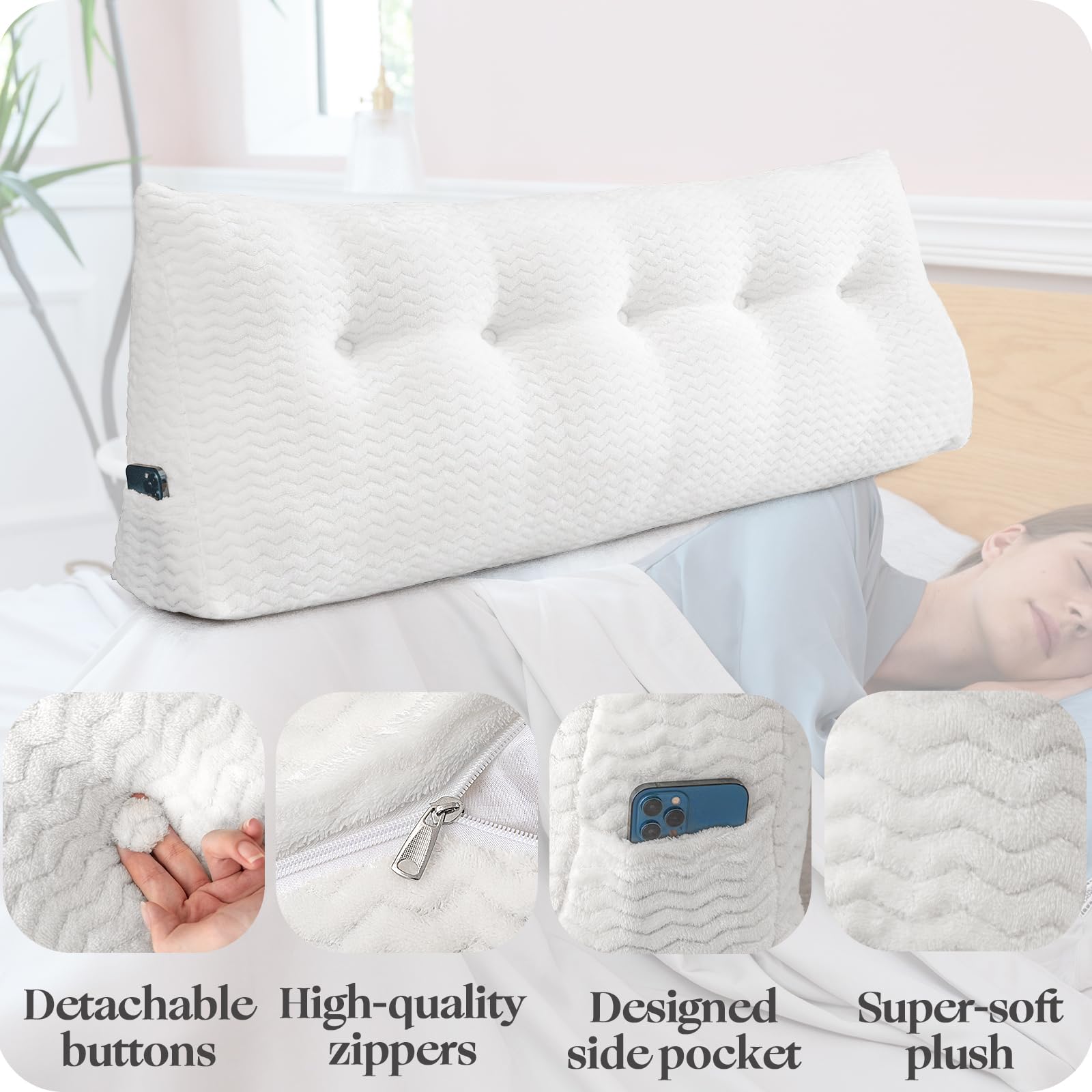 Large Bolster Triangular Headboard Wedge Pillow - Adjustable Backrest Support for Daybeds, Reading & Relaxing - Removable Washable Cover - Perfect for Bedroom, Living Room & Dorm Comfort