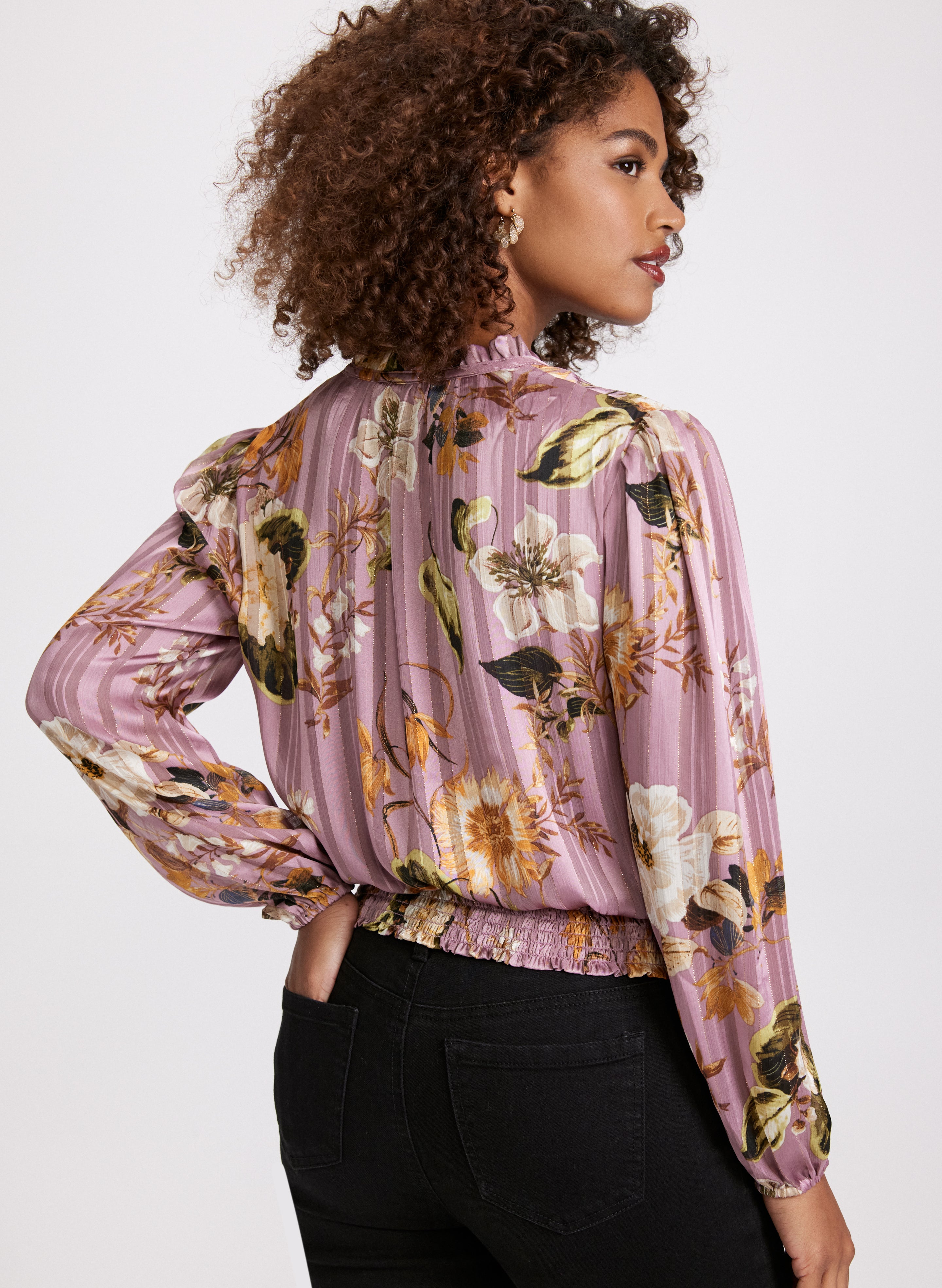 Floral Smocked Hem Blouse for Women - Elegant Ruffle Sleeve Summer Tops - Perfect for Office, Date Night & Casual Outings