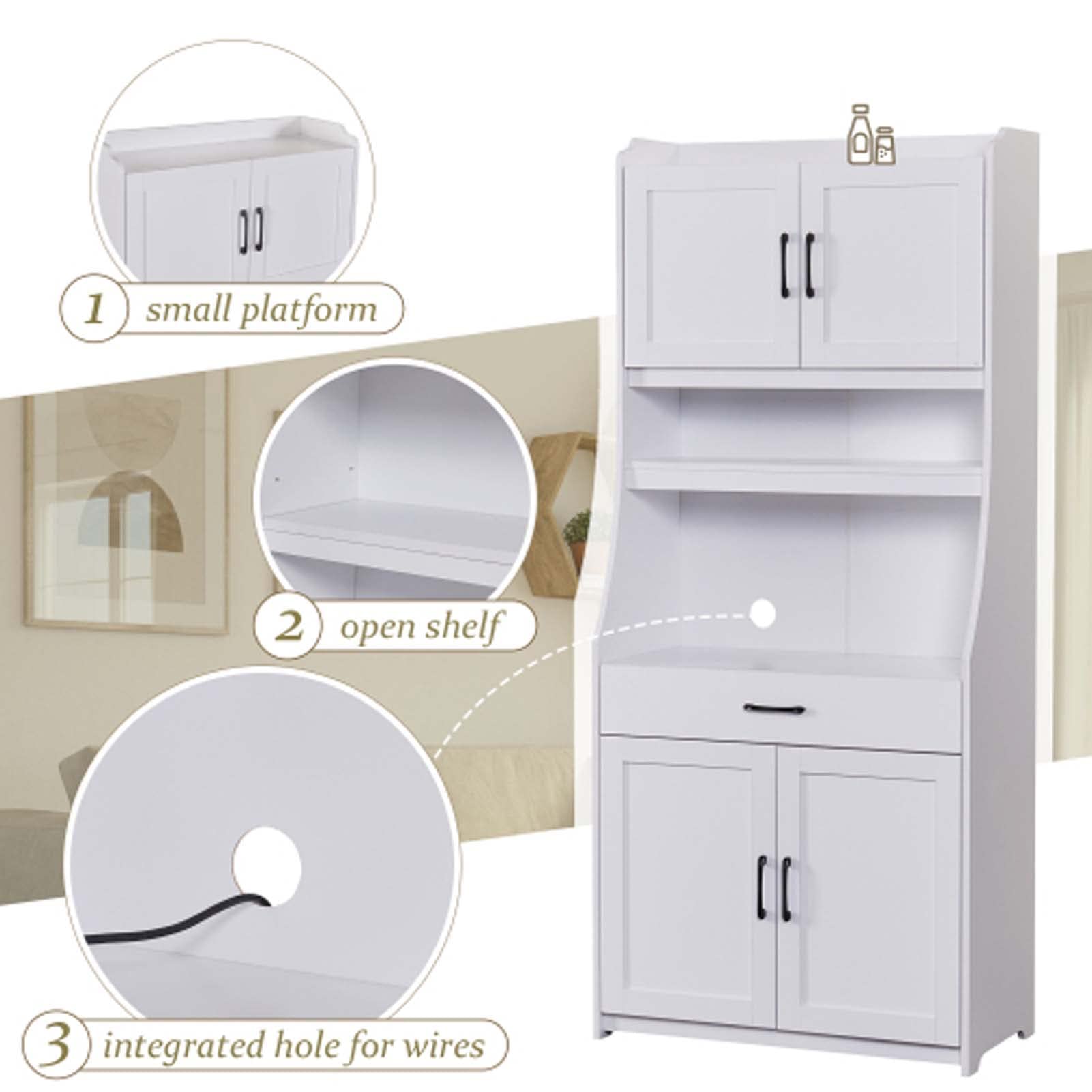 White Kitchen Pantry Storage Cabinet with Adjustable Shelves & Doors - Organize Spices, Dishes & Dry Food - Perfect for Kitchen, Living Room & Dining Room Storage