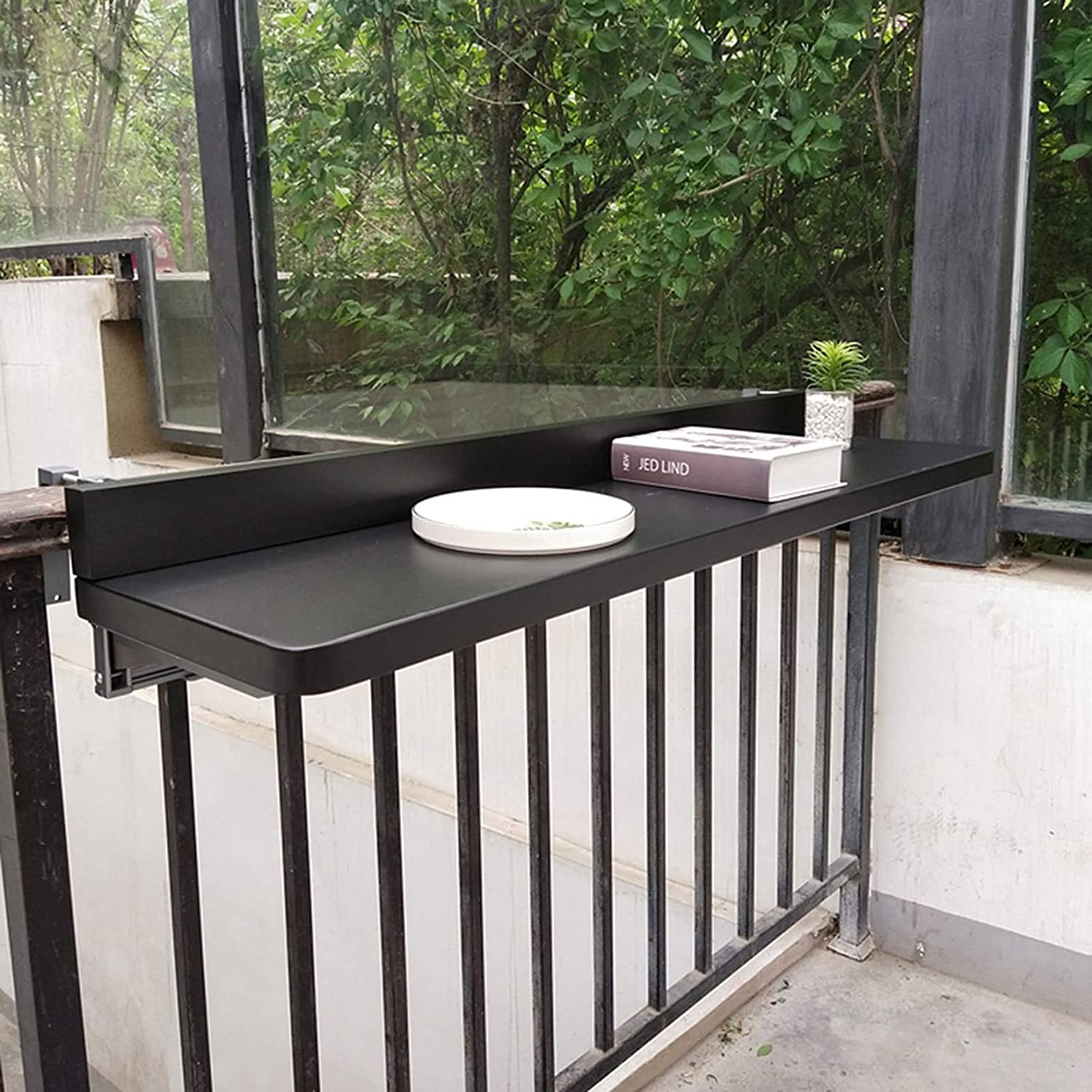 ZQKJLH Outdoor Folding Wall Table - Adjustable Hanging Balcony Railing Side Table for Deck, Patio & Garden - Black Wall-Mounted Counter Shelf (120x28cm) - Perfect for Small Space Dining, Laptop Work & Outdoor Relaxation