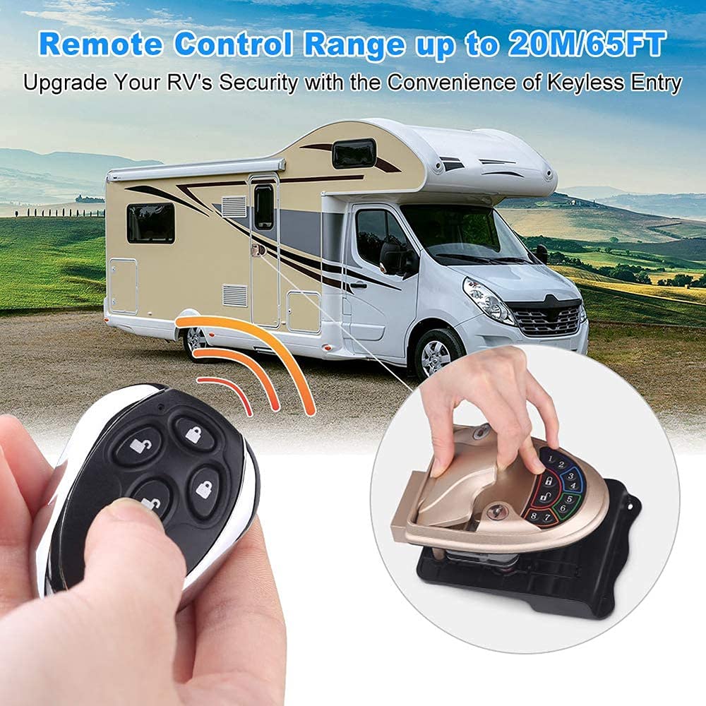 RV Keyless Entry Door Lock with Backlit Keypad - Smart Handle Latch & Deadbolt Security System - 20M Remote Control - Durable Zinc Alloy Construction (Gold) - Perfect for Camper Trailers, Motorhomes & Travel Trailers