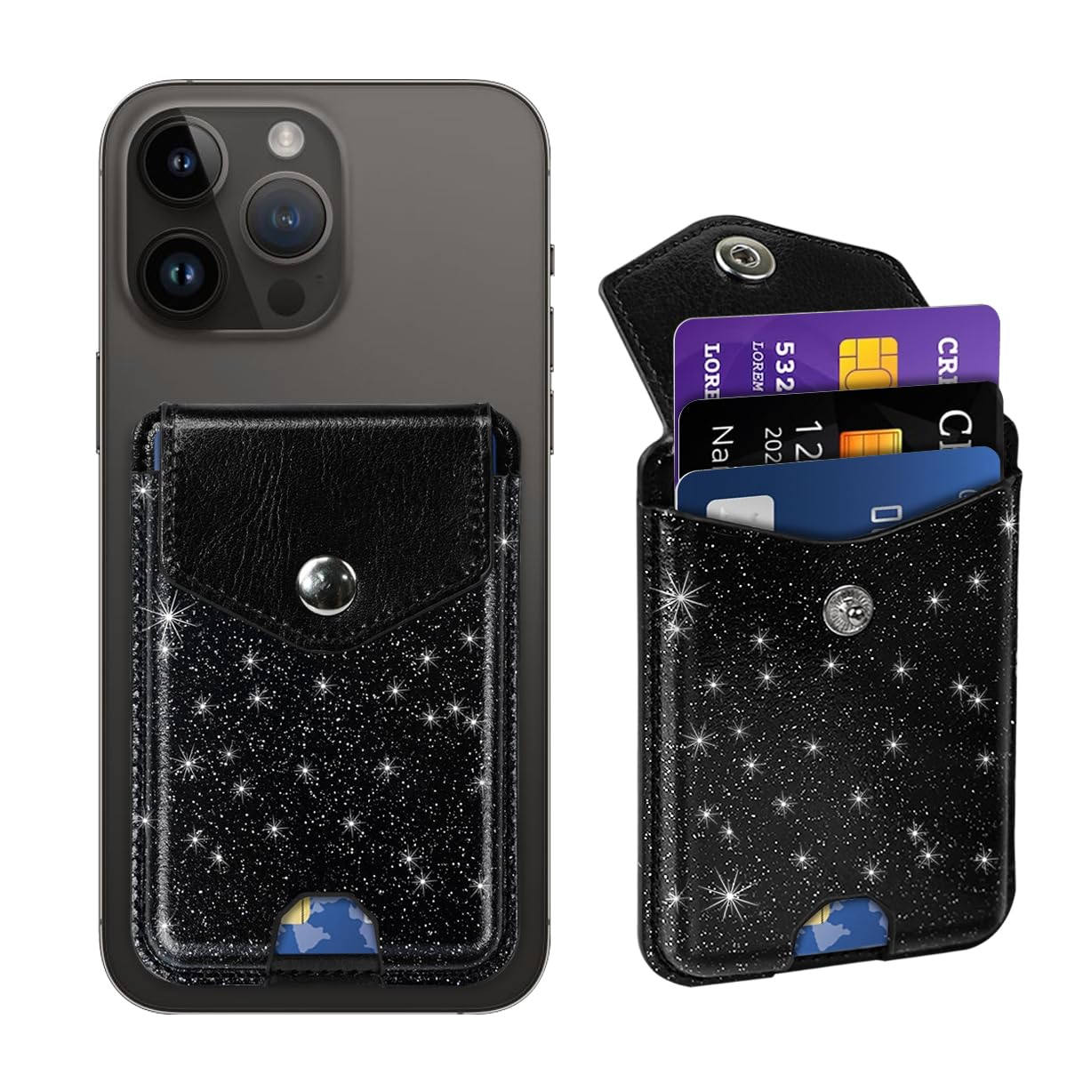 Self Adhesive Card Holder for Phone Back - Leather RFID Blocking Phone Wallet with Snap Closure - Glitter Black Card Sleeve for Phone Case - Perfect for Hands-Free Shopping, Travel & Contactless Payments