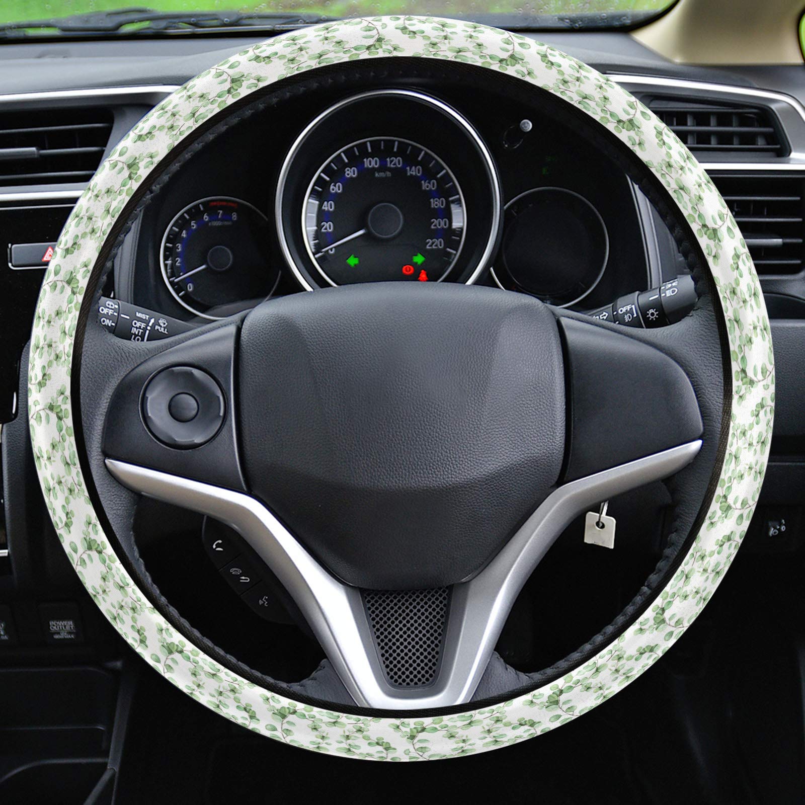 Universal 15-inch Anti-Slip Steering Wheel Cover for Cars, Trucks & SUVs - Elegant Leaf Design with Green Plant Pattern, Washable Wheel Protector for Women & Men | Perfect for Daily Commute & Road Trips