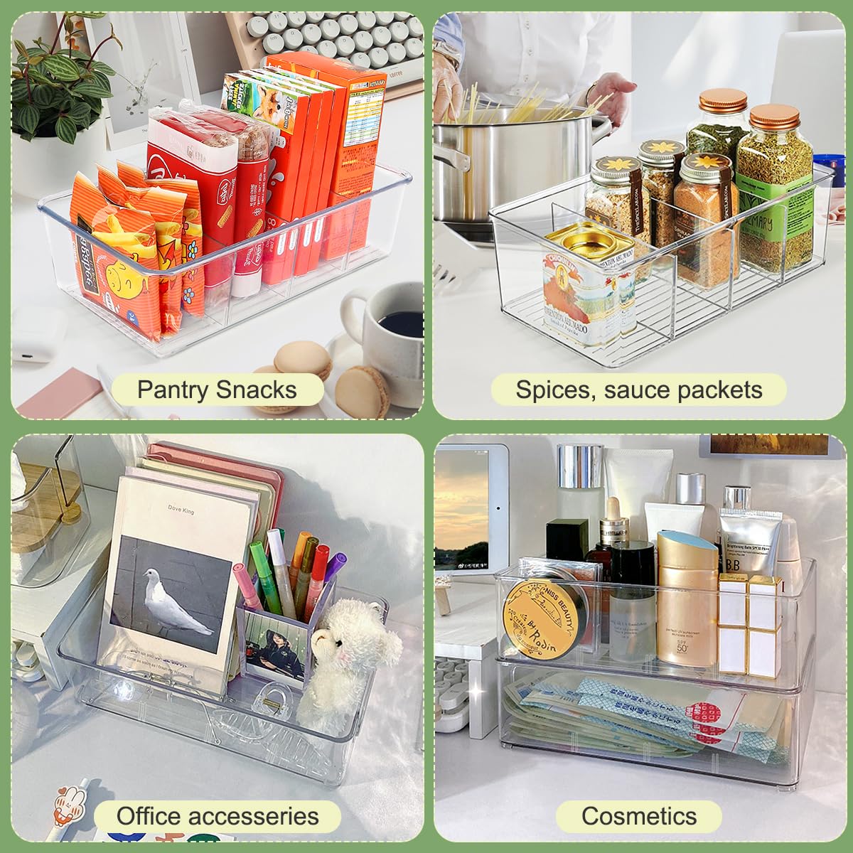 2-Pack Clear Pantry Organizers with Dividers - Kitchen Storage Bins for Snacks, Spices & Cabinets
