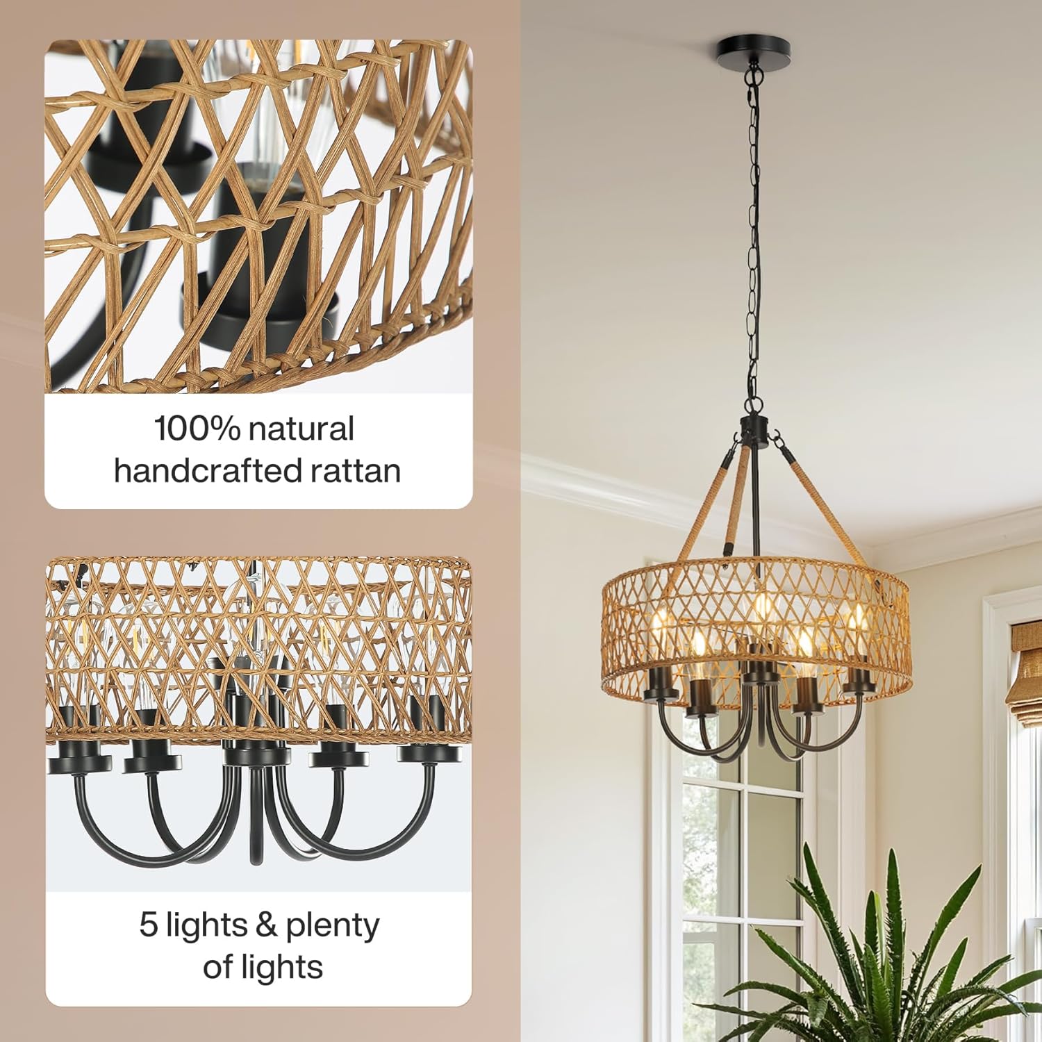 5-Light Boho Chandelier - Handwoven Rattan Pendant Lighting Fixture for Dining Room, Bedroom, or Living Room Decoration
