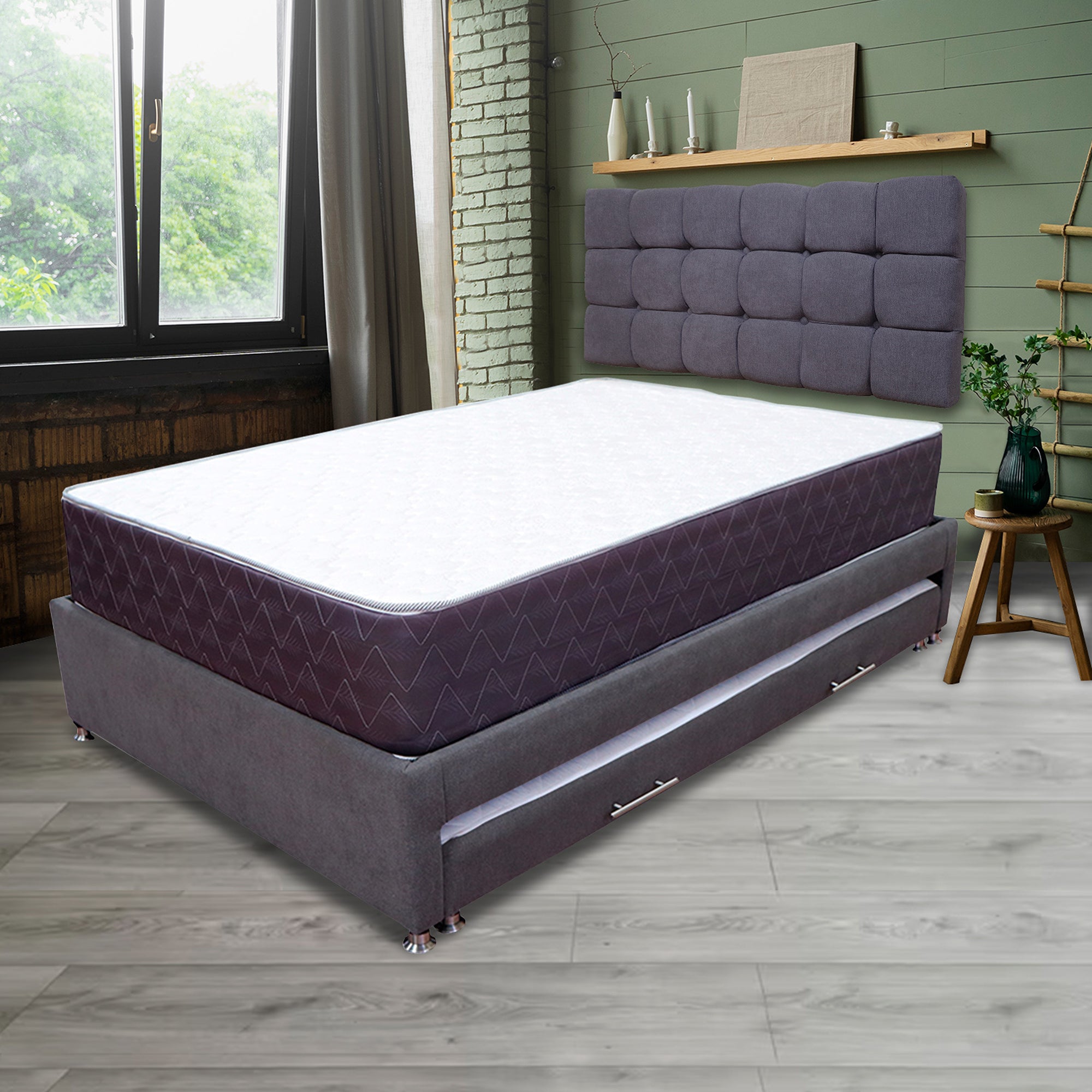 Dark Gray & Ash White Semi-Double Platform Bed Frame with Headboard & Mattress Set - 120 x 190 cm (47