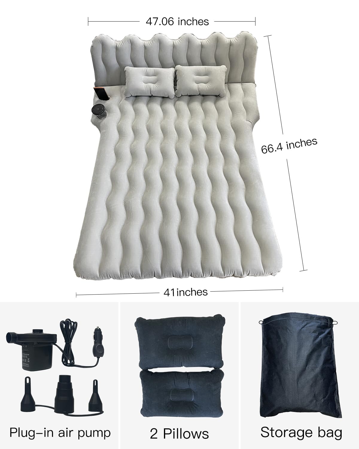 **SUV Air Mattress with Cup & Phone Holder - Flocked-Top Car Mattress with 2 Air Pillows & Electric Air Pump - Perfect for Camping, Travel, Road Trips & Car Sleeping (Black)**    *Ideal for outdoor adventures, family road trips, and overnight stays in your SUV or car.*