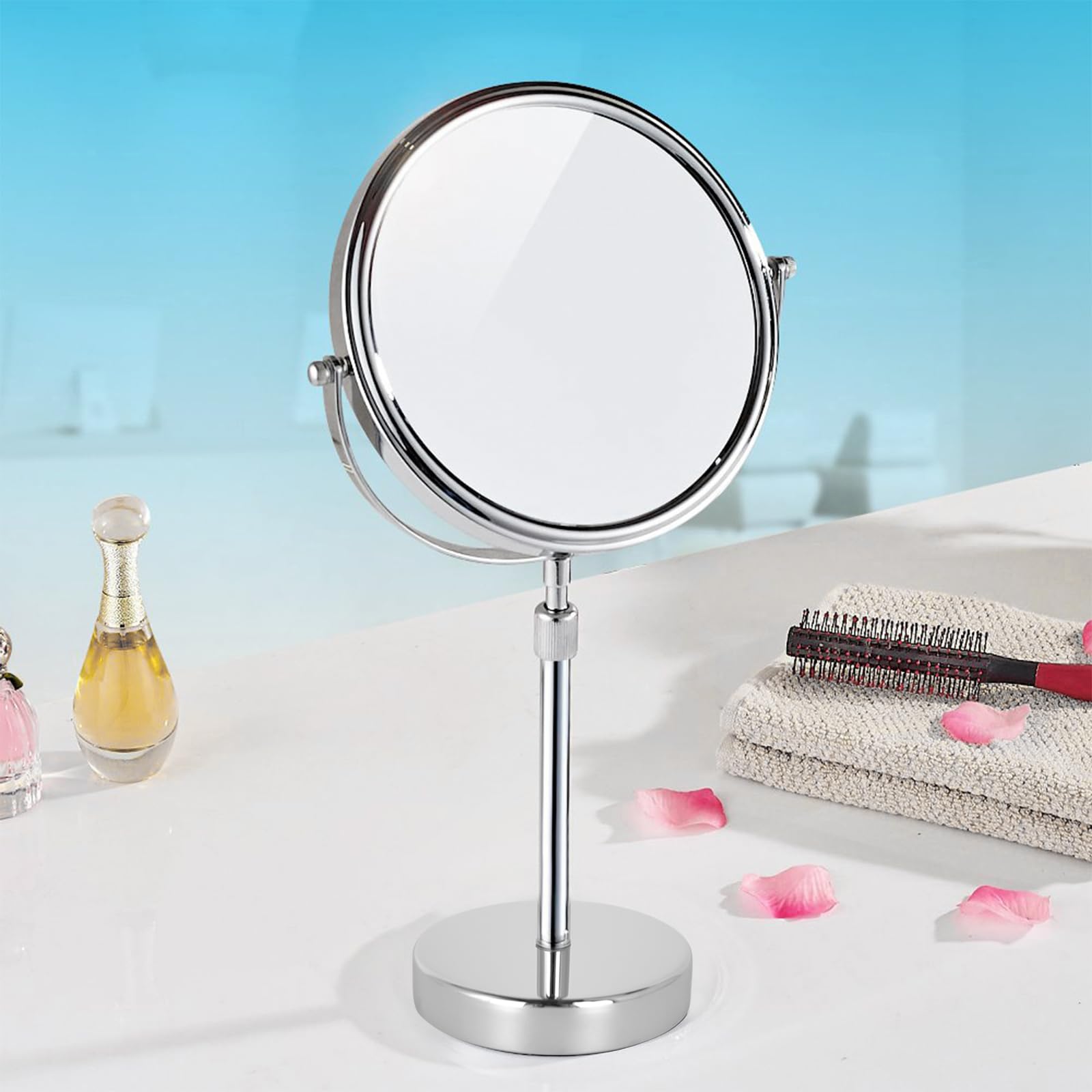 Premium 8 Inch Double-Sided Makeup Mirror with 7X Magnification - Adjustable Height Vanity Mirror for Makeup, Shaving & Skincare - Chrome Finish Tabletop Mirror for Bathroom, Bedroom & Dressing Room