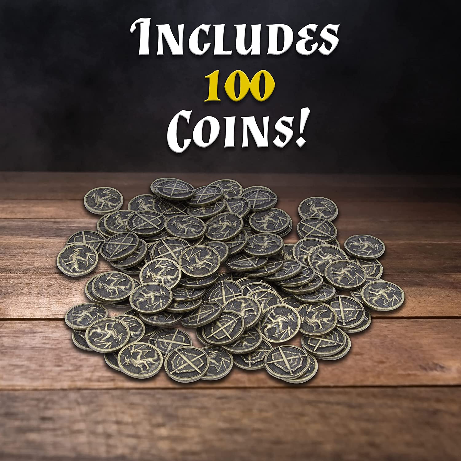 CASEMATIX 100-Piece Metal Coins Set for DND & Tabletop RPG Games - Fantasy Coins with Dragon & Sword Shield Engraving + Carrying Pouch - Perfect for Dungeons & Dragons, Pathfinder, and Board Game Accessories