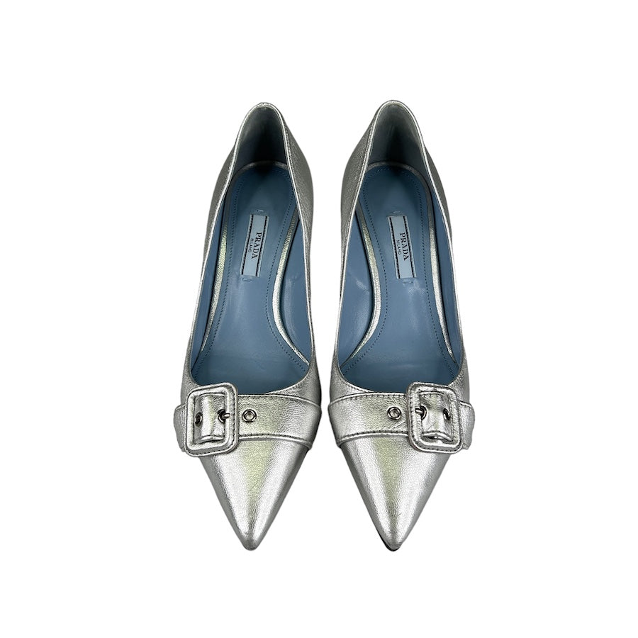 Prada Silver Buckle Kitten Heels - Women's Fashion Dress Shoes for Work, Party & Special Occasions