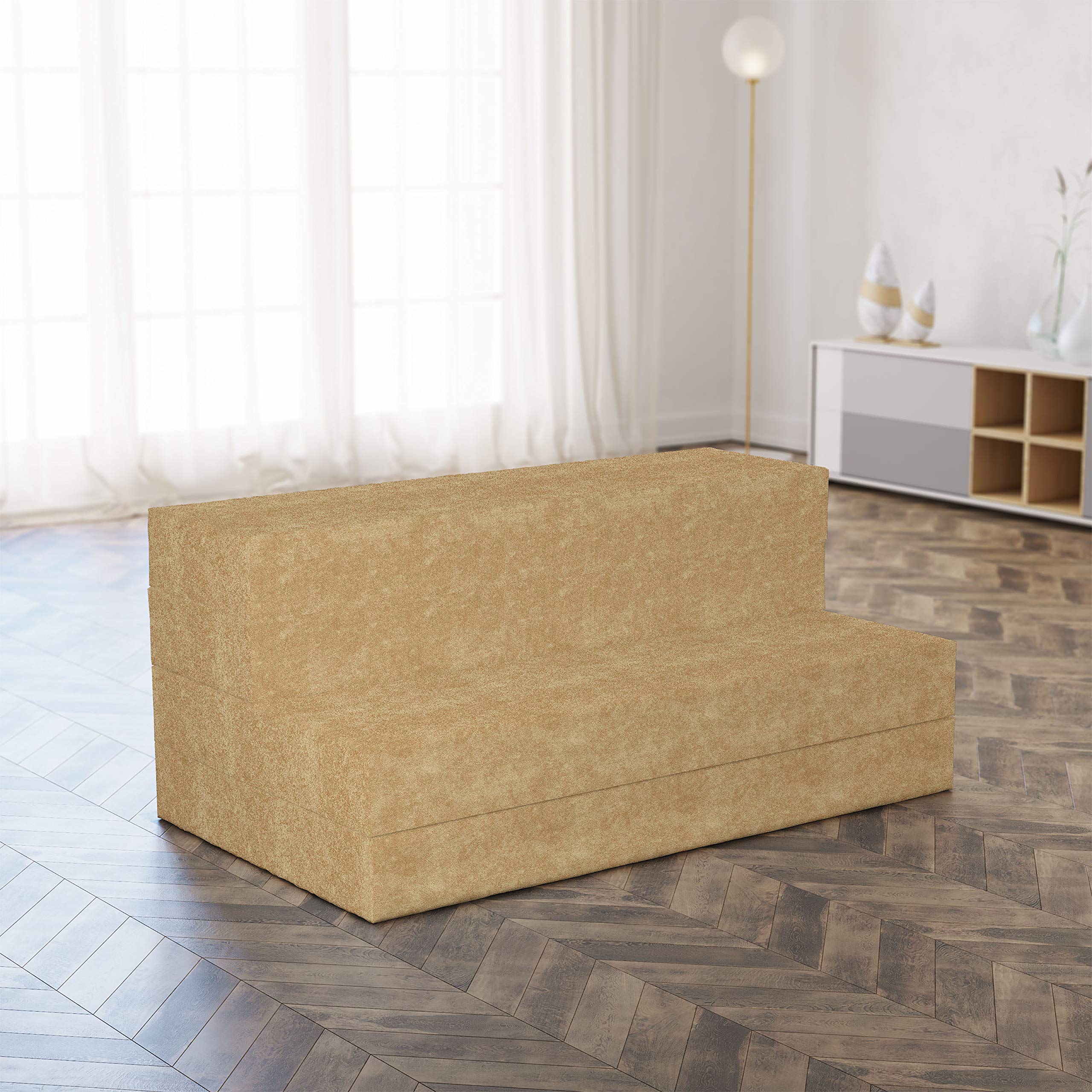 Ambesonne Faux Suede Foldable Mattress - Digitally Printed Weathered Texture, Portable Futon Mat & Lightweight Sleeping Pad for Guest Bed, Camping, Dorms - Pale Earth Yellow King Size | Perfect for Spare Bedrooms, Travel & Outdoor Adventures