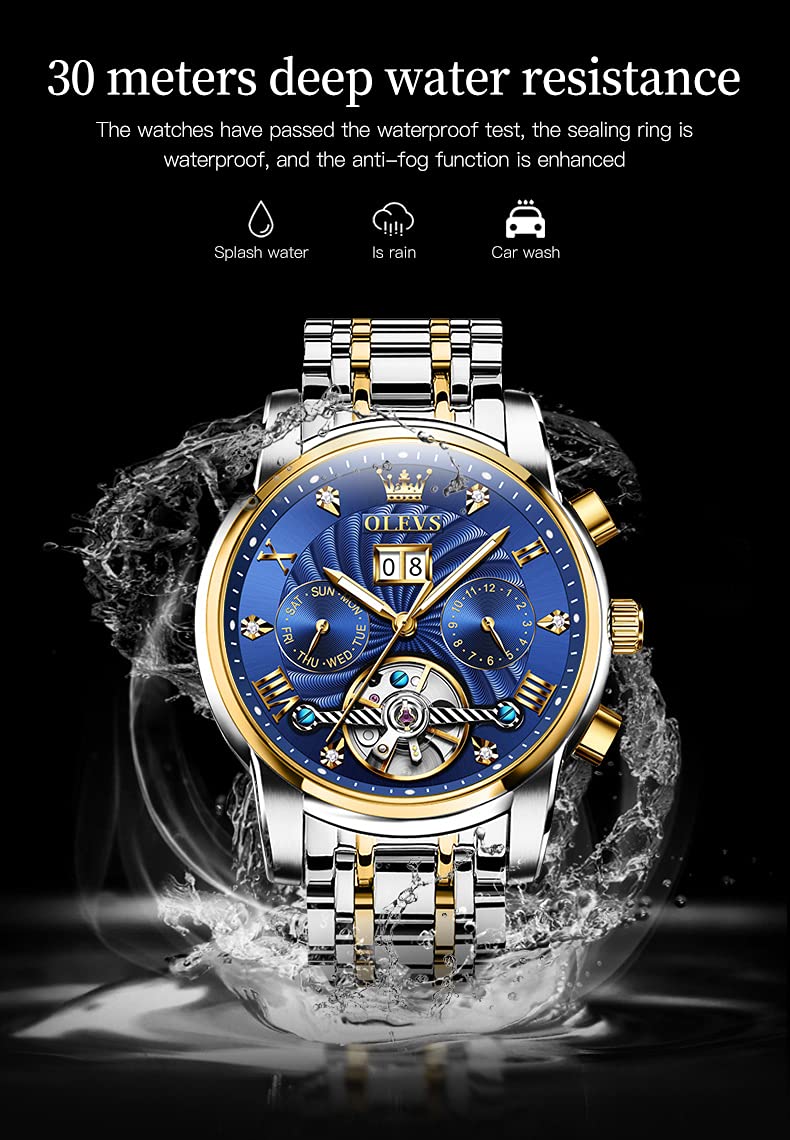 OLEVS Automatic Gold Watches for Men - Luxury Classic Stainless Steel Calendar Luminous Waterproof Watch - Perfect for Business, Formal Events & Everyday Wear