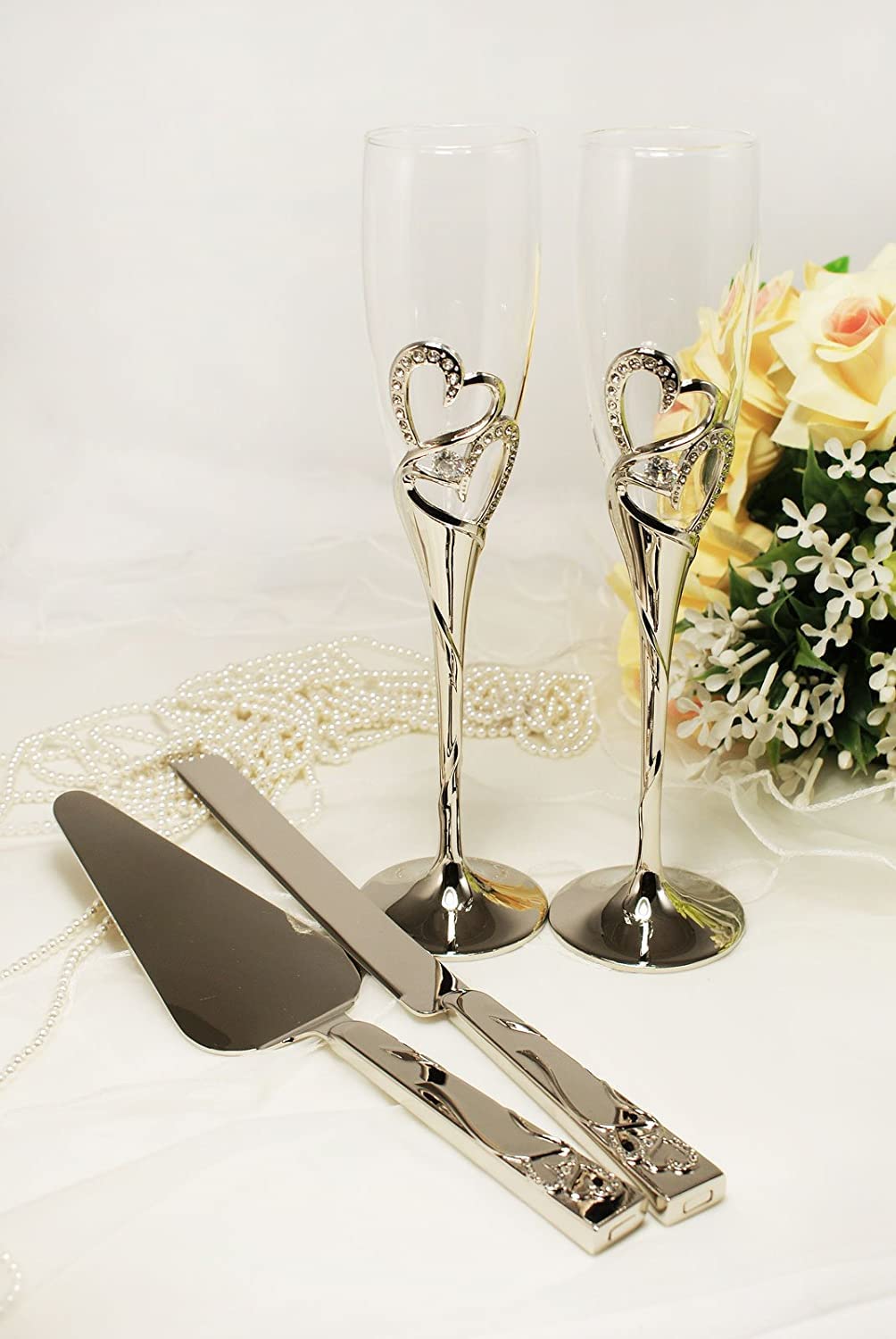 Elegant Gold & Silver Wedding Toasting Glasses & Cake Server Set - Engravable Bridal Gift for Wedding Ceremony, Reception & Anniversary Celebrations