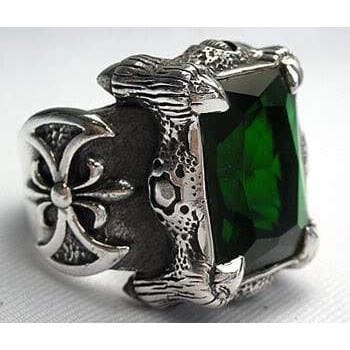 Green Emerald Dragon Claw Axe Sterling Silver Biker Ring for Men - Gothic Punk Jewelry, Motorcycle Accessories, Unique Gift for Bikers & Rock Fans - Perfect for Motorcycle Rides, Concerts & Alternative Fashion