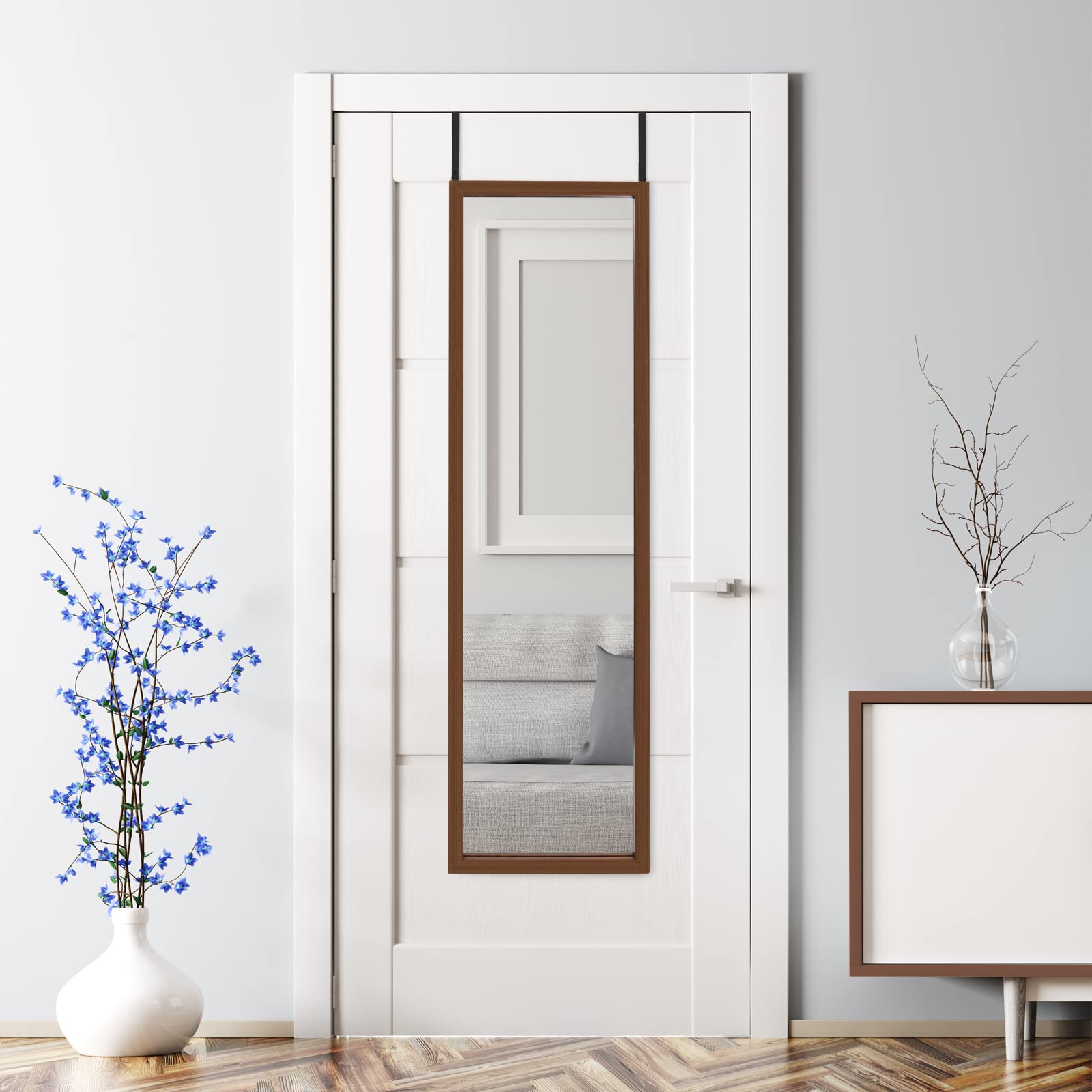 Mirrotek Full Length Over The Door Mirror - 13.7 x 48 Inches Walnut Finish - Space Saving Wall Mirror for Bedroom, Bathroom, Dorm & Closet Organization