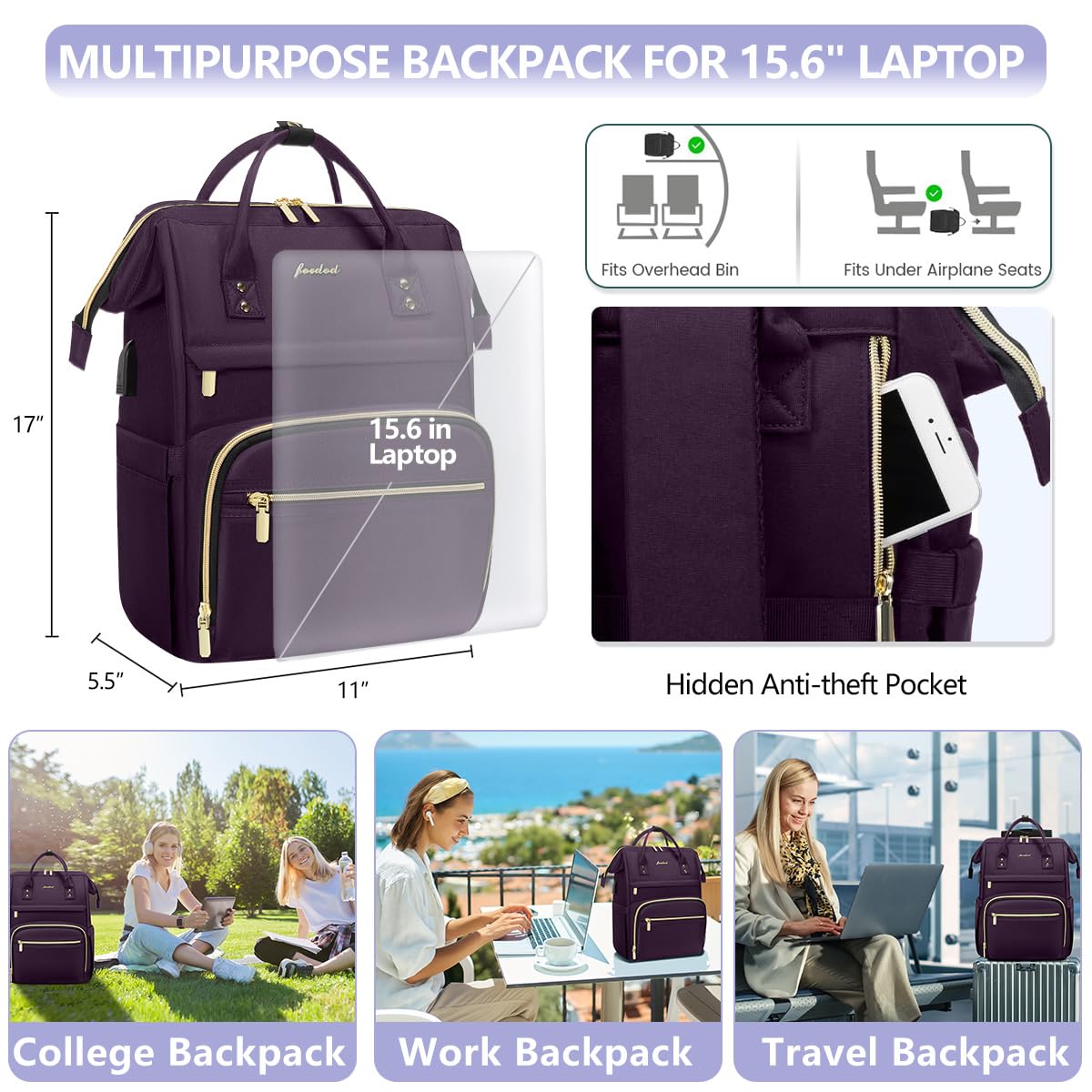 Stylish Dark Purple 15.6 Inch Waterproof Laptop Backpack for Women - Professional Work Bag with USB Port, Ideal for Travel, Nursing, Teaching, and Daily Commute