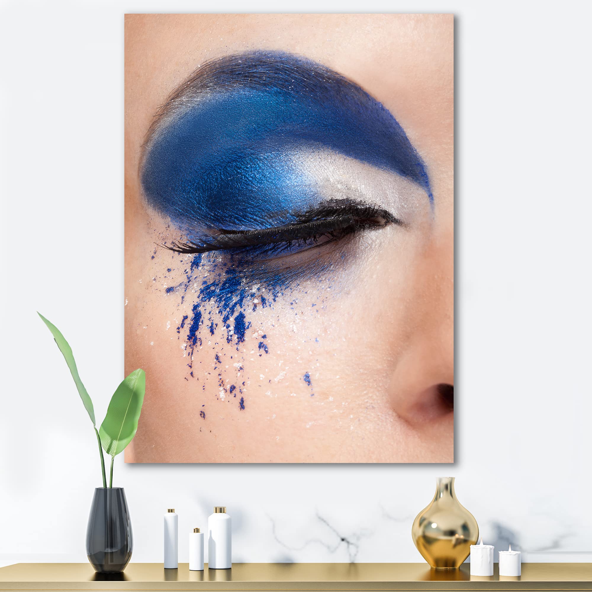 DesignQ Blue Fantasy Closed Eye Modern Canvas Wall Art - 24x32 Inches, Abstract Makeup Painting for Living Room, Bedroom & Office Decor