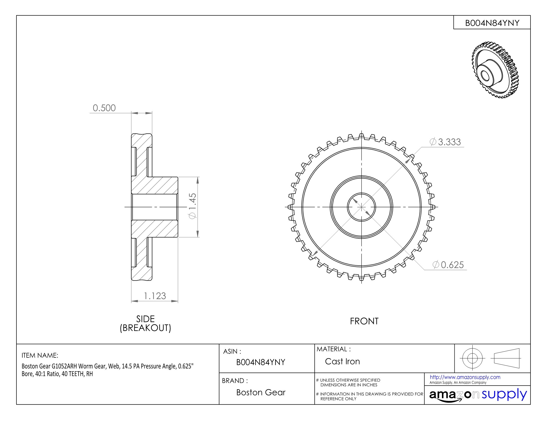 High Precision G1052ARH Worm Gear - 14.5° PA Pressure Angle, 0.625