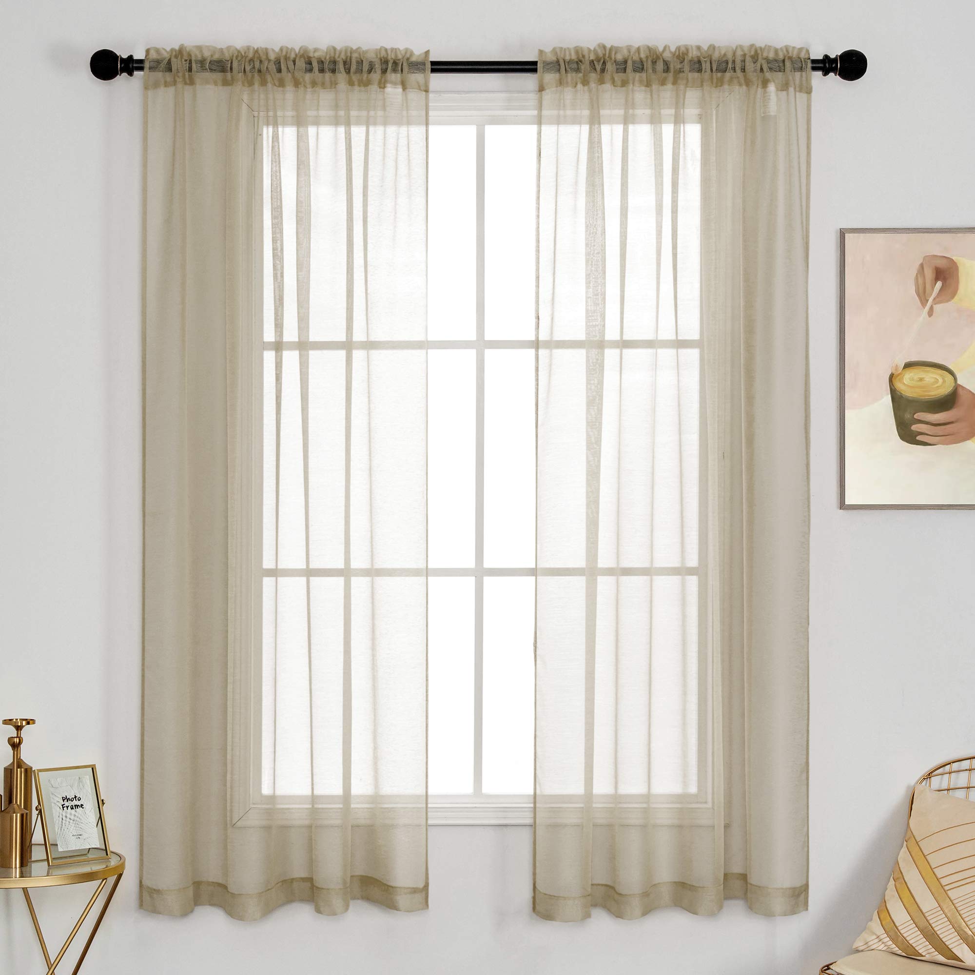 Dualife Light Brown Sheer Curtains 45 Inch Length - Rod Pocket Voile Window Panels in Khaki Taupe for Small Windows | Perfect for Living Room & Bedroom Treatments (Set of 2 Panels) | Soft Filtered Light & Privacy Solution