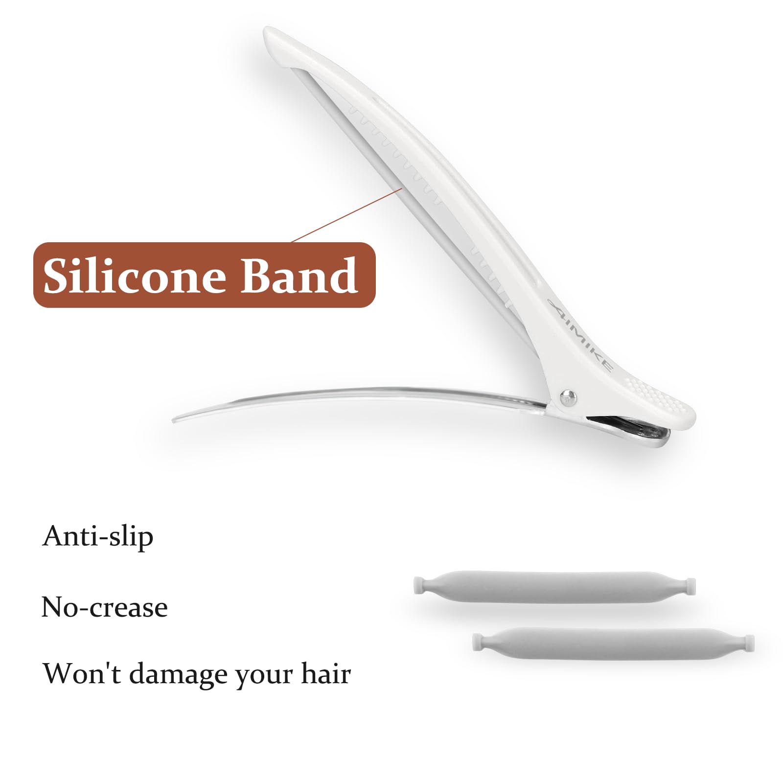 AIMIKE 6pcs Professional Hair Clips for Styling & Sectioning - Non-Slip No-Trace Duckbill Hair Clips with Silicone Band for Salon & Home Use - Great for Hairdressers, Women & Men (White, 4.3