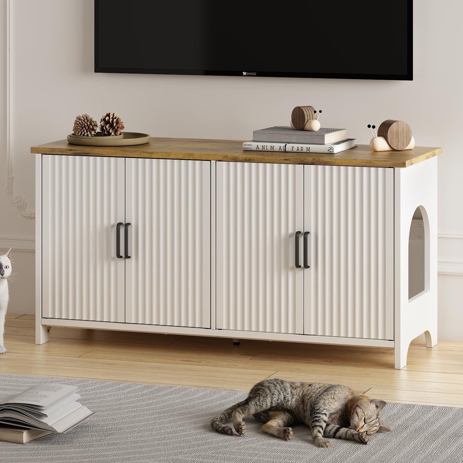 White Wooden Cat Litter Box Enclosure for 2 Cats - Double Room Fluted Hidden Litter Box Furniture Cabinet - Indoor Cat House for Living Room & Bathroom - Perfect for Small Spaces & Home Decor