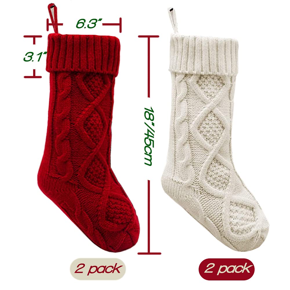 Yifanplus 4 Pack 18 Inch Large Knit Christmas Stockings - Classic White & Ivory Cable Knitted Holiday Stocking Decor for Family, Xmas Party & Fireplace Mantel Decorations