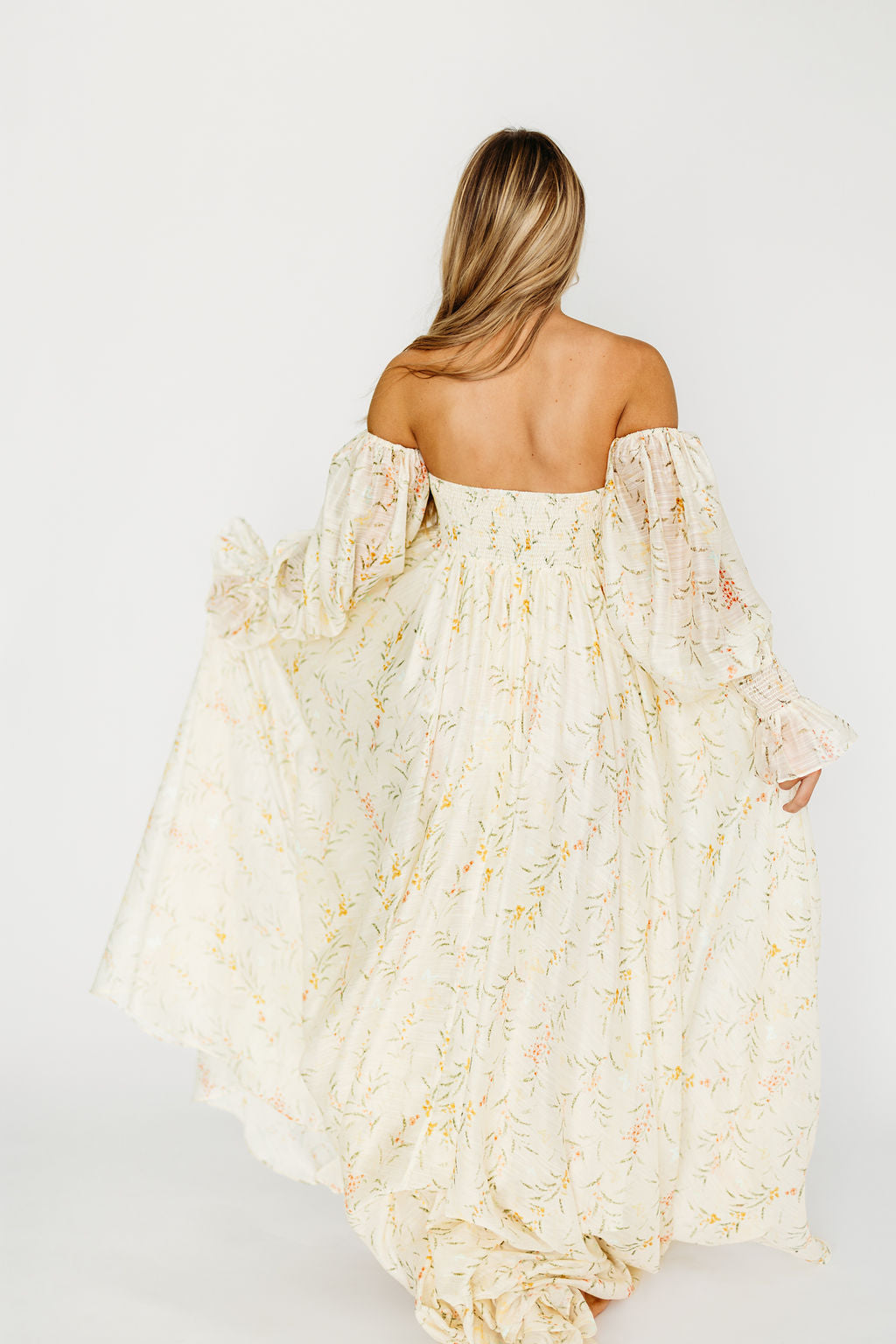 Delilah Cream Floral Maternity Dress with Train - Bump Friendly Wedding Guest Dress for Baby Showers & Special Occasions