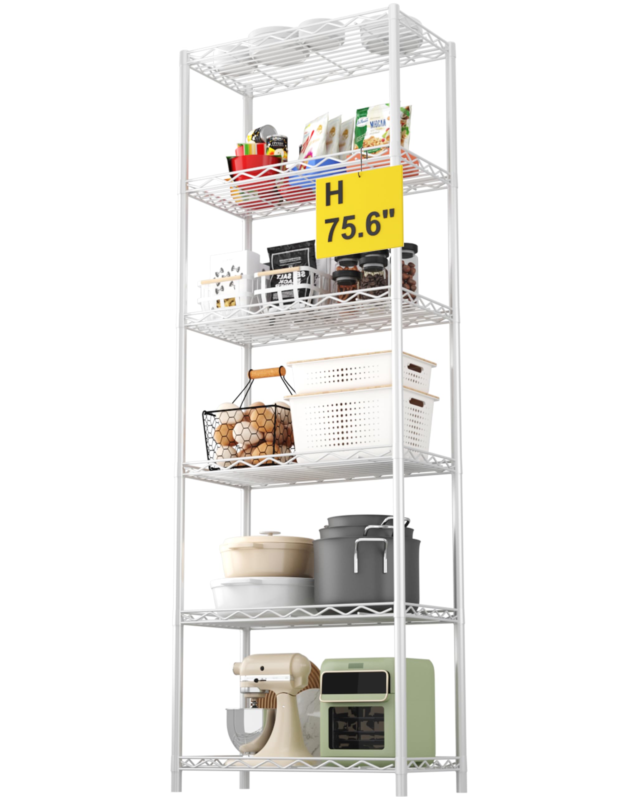 HOMEFORT 6-Tier Heavy Duty Wire Shelving Unit - 6-Shelf Metal Storage Rack for Pantry, Closet, Kitchen & Laundry Organization - Durable Space Saving Organizer (White) - Ideal for Home Storage, Garage Shelving & Commercial Use