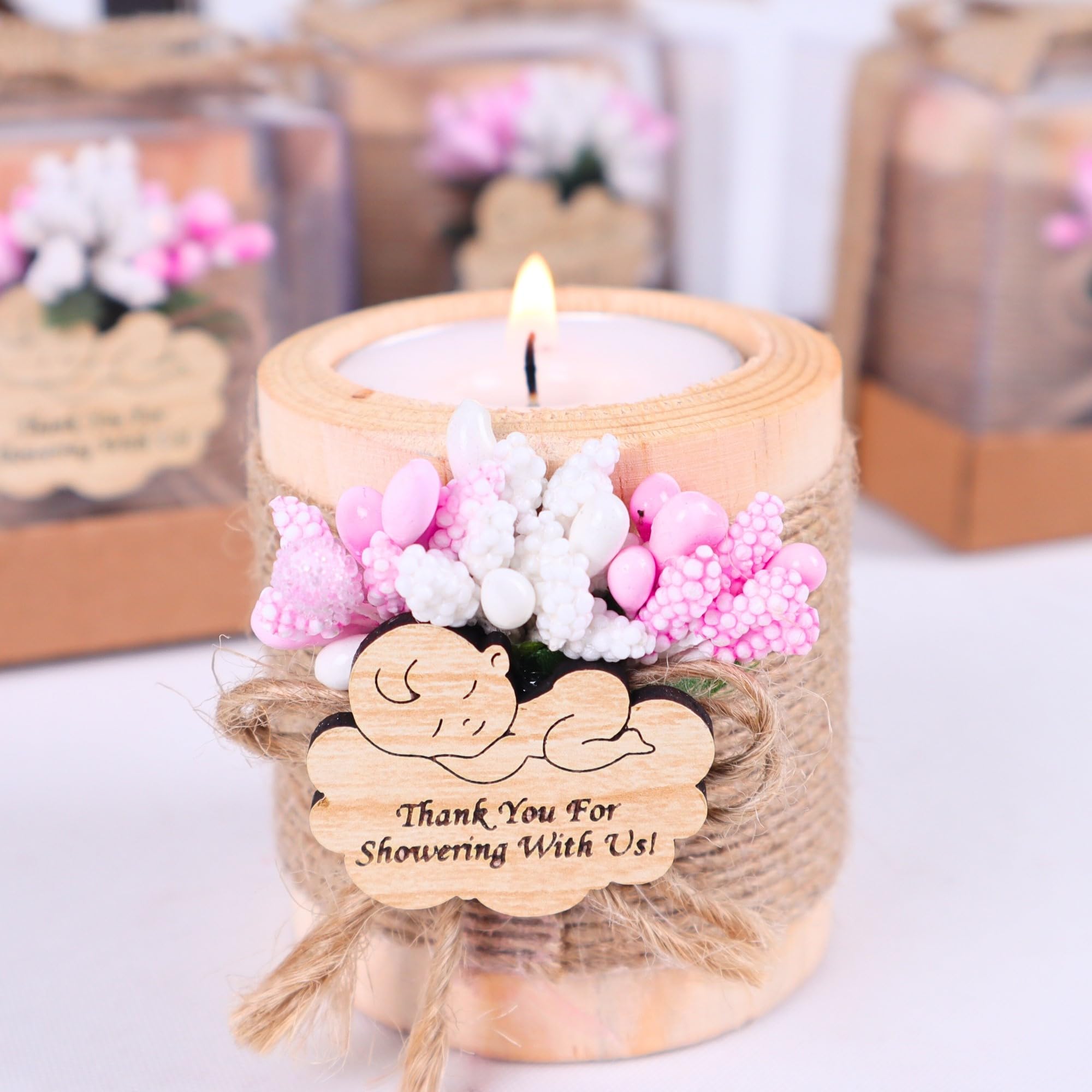 10 Pack Wooden Tealight Candle Holders for Baby Shower Decorations - Pink & Light Brown Baby Shower Gifts, Party Favors, Wedding Centerpieces, Romantic Home Decor