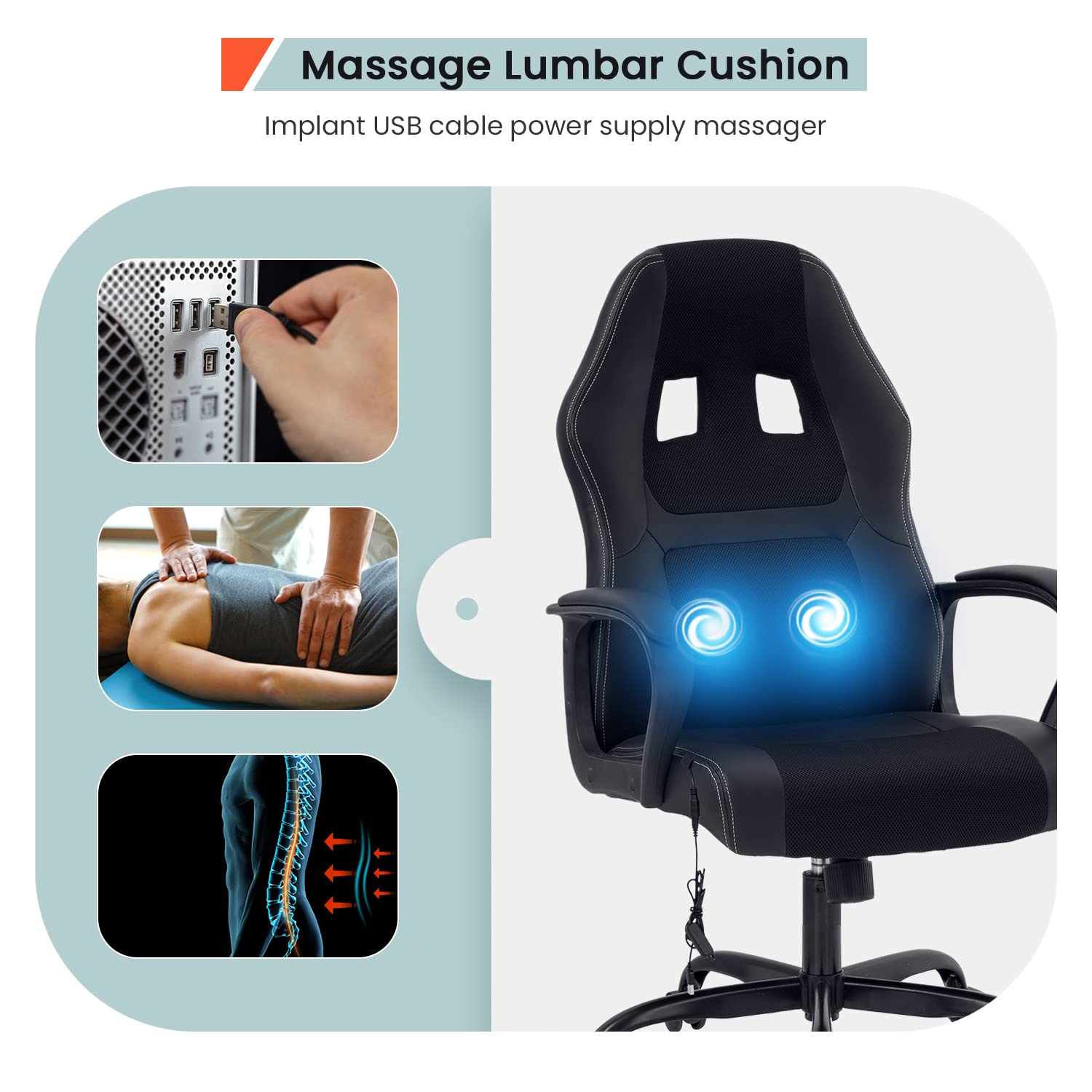 Ergonomic Gaming Chair - PU Leather Office Computer Chair with Adjustable Lumbar Support, Headrest & Massage Function - Swivel Rolling Task Chair for Home Office & Gaming Setup - Black