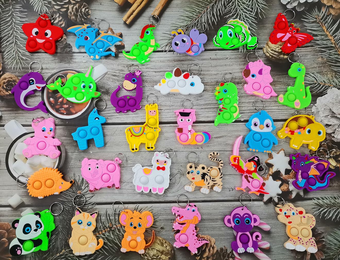 32 Pack Bulk Animal Fidget Keychain Backpack Decor - Mini Pop Sensory Toys for Students, Party Favors (Dog, Dinosaur, Turtle Shapes) - Perfect for Classroom Rewards, Birthday Gifts & Stress Relief