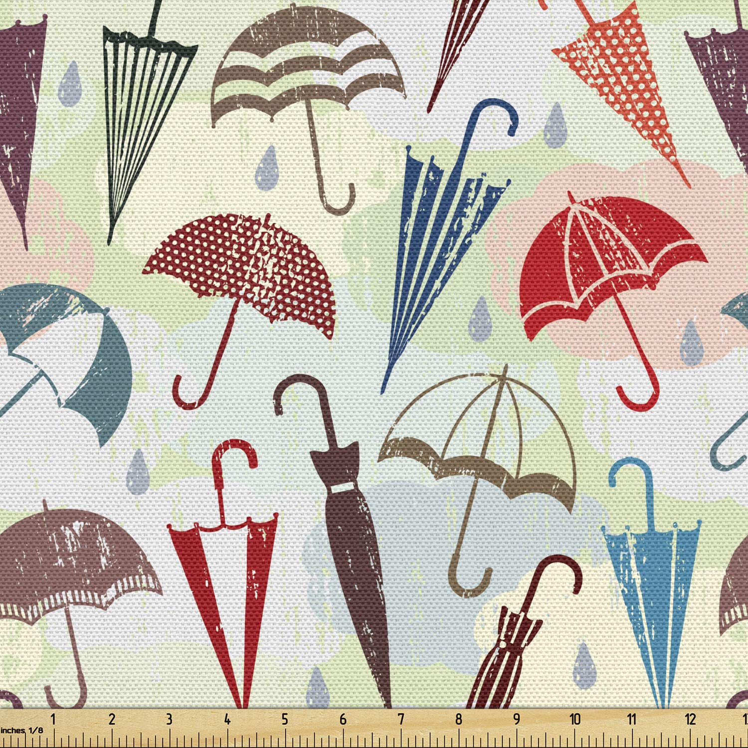 Ambesonne Rain Fabric by The Yard - Grunge Design Vivid Umbrella & Raindrop Pattern on Pastel Clouds - 10 Yards Multicolor Upholstery Fabric for Sofa, Curtains, Pillows & Home Decor - Perfect for Bohemian & Vintage Style Interiors