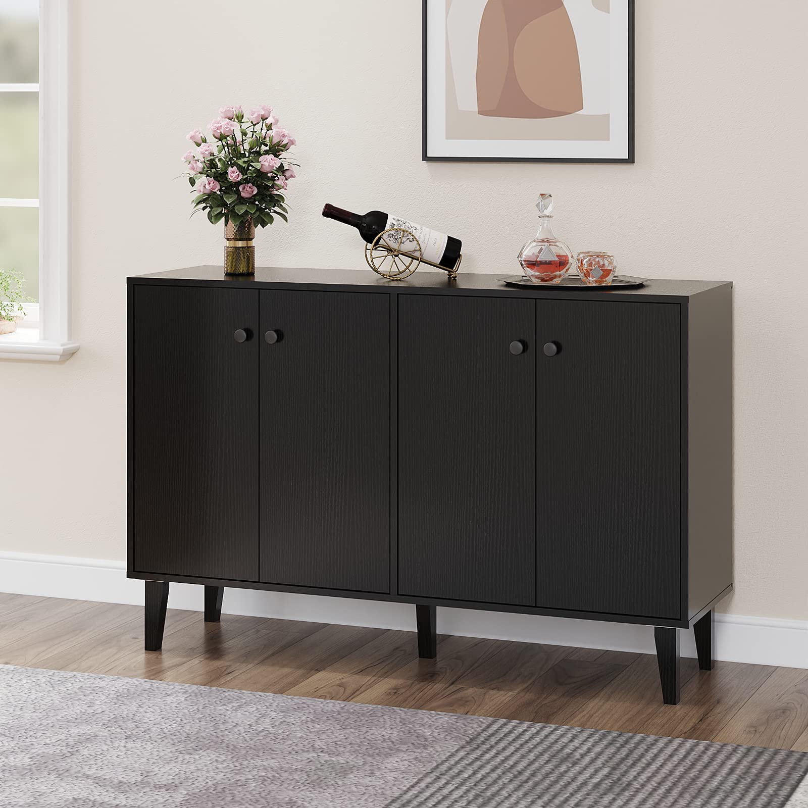 Panana Sideboard Buffet Cabinet - 4 Door Kitchen Storage & Living Room Console Table in Black | Perfect for Dining Room Organization & Entryway Decor